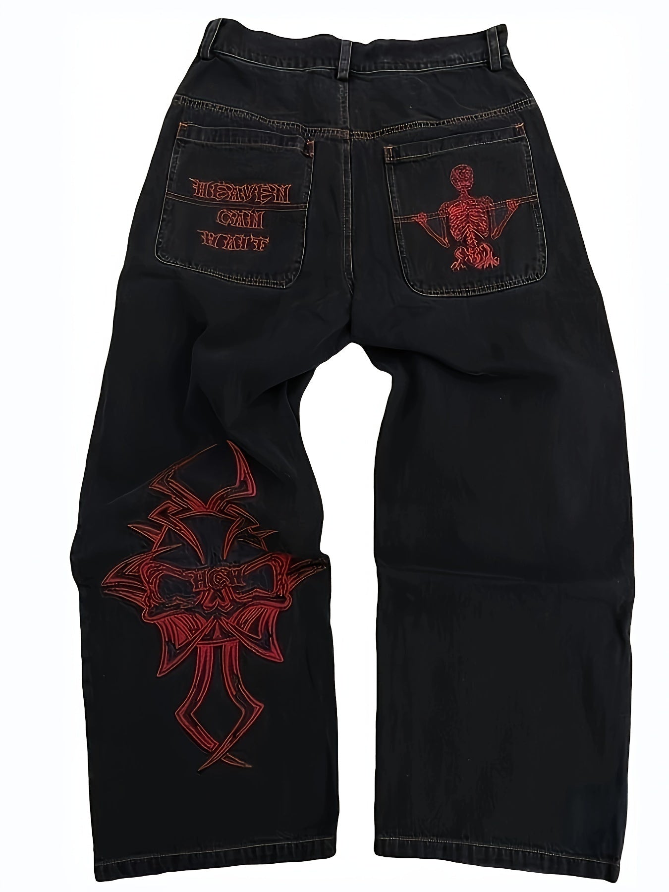 Men's Stylish Wide-Leg Jeans with Embroidered Detail - Loose Fit, Cotton Blend, Machine Washable - Black & Red Contrast