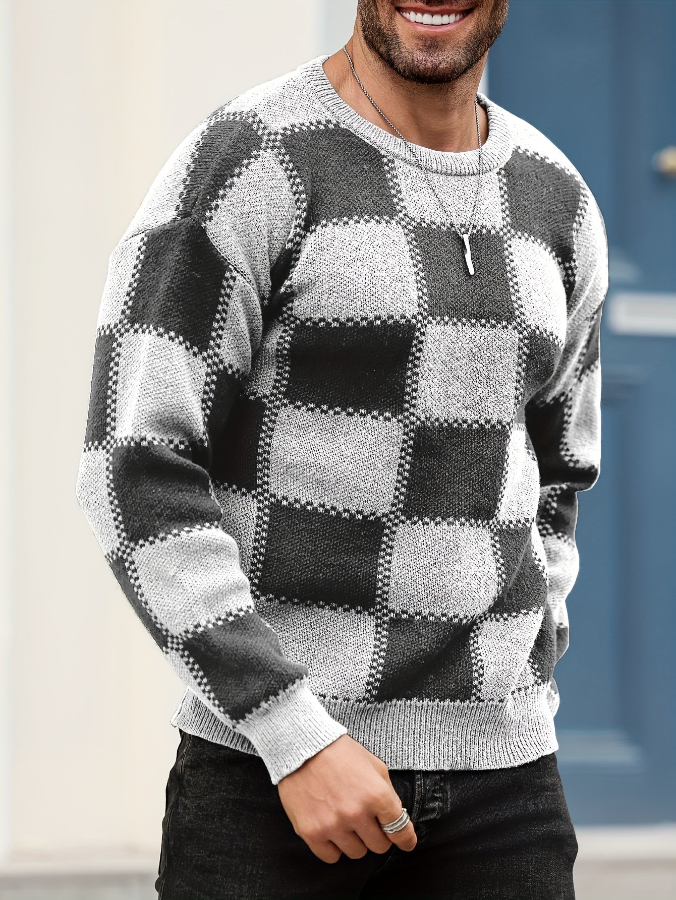 Men's Color Blocking Textured Checked Print Casual Trendy Sweater, Long Sleeve Pullover As Gift For Fall And Winter