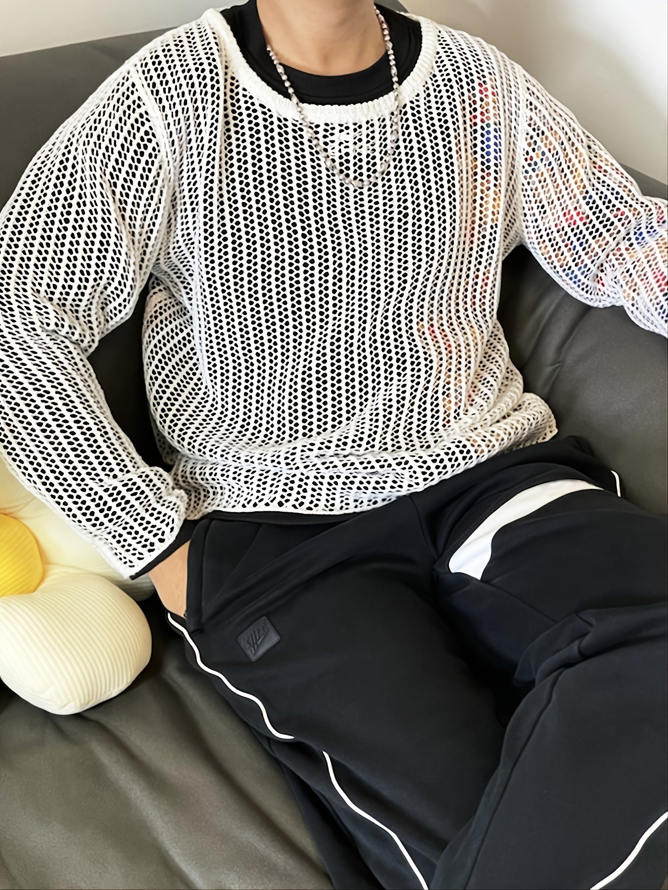 Men's Solid Open Knit Top