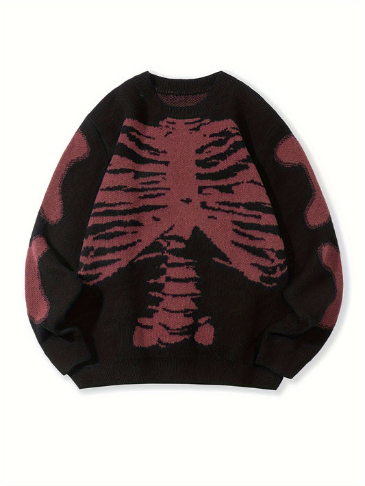 Skeleton Pattern Knitted Sweater, Men's Casual Warm Mid Stretch Crew Neck Pullover Sweater For Men Fall Winter