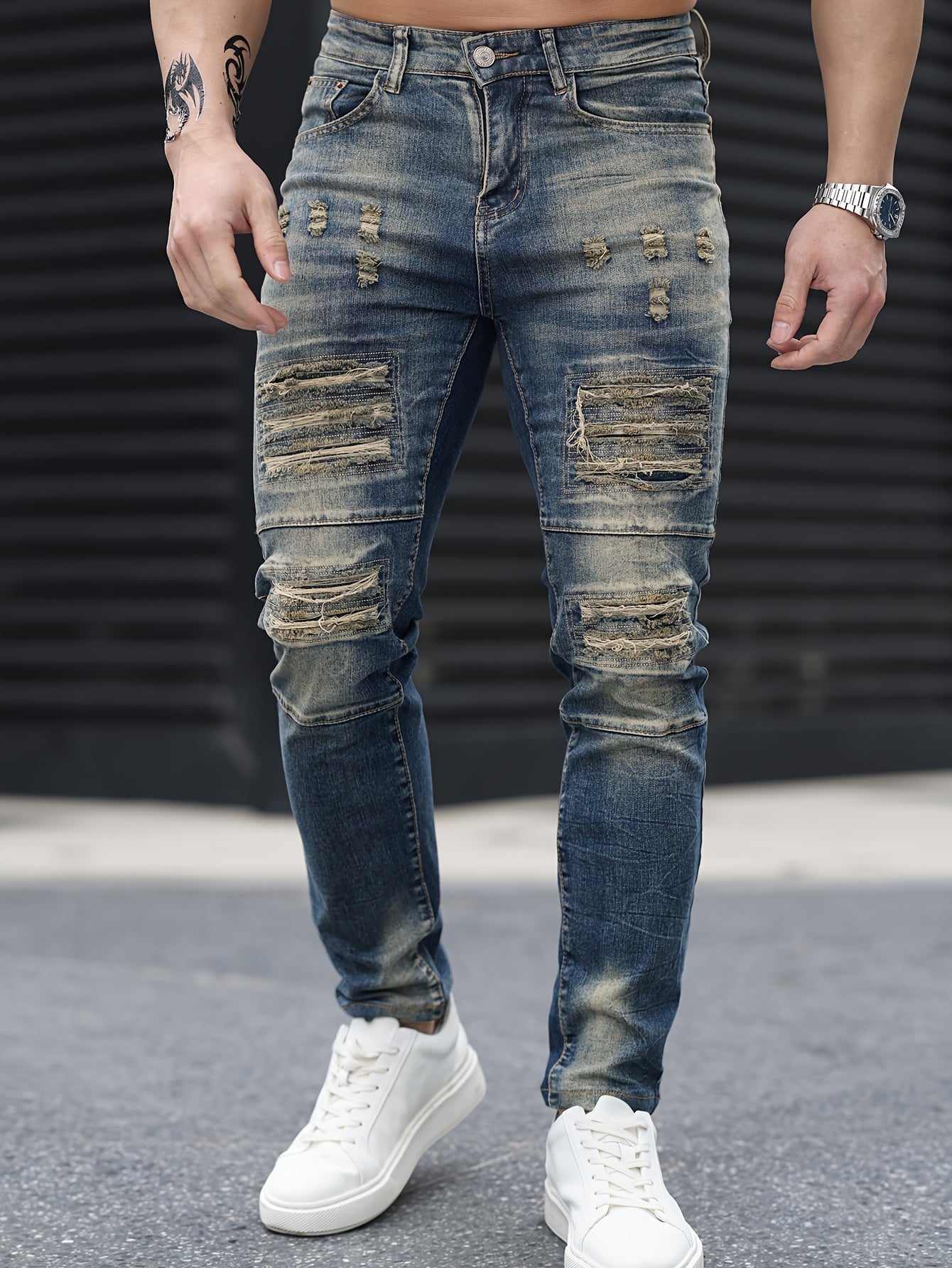 Stylish Gradient Ripped Skinny Jeans - Soft Cotton Blend, Slim Fit, Casual Street Style, Perfect for Spring Summer, Men's Fashion Essential