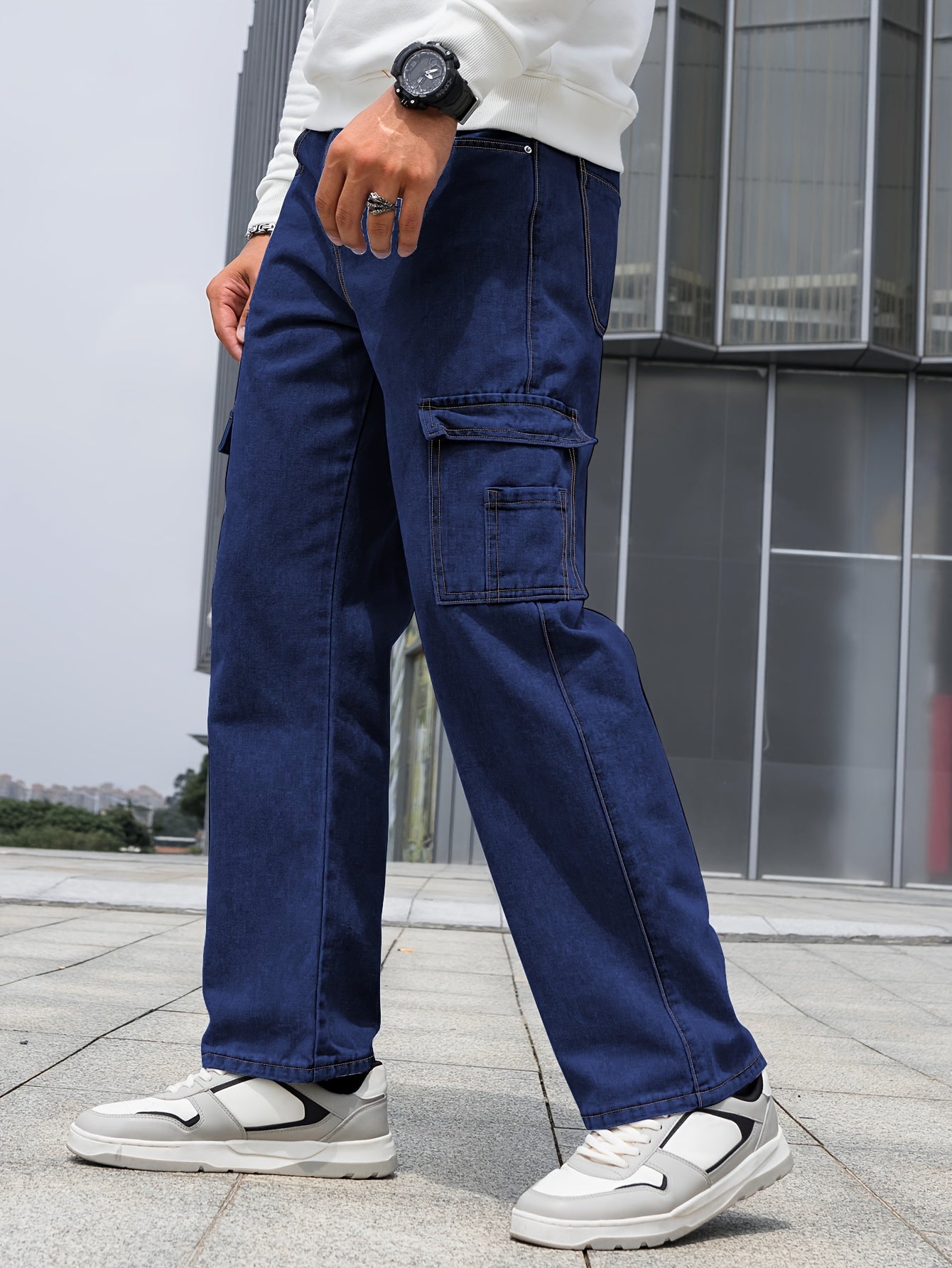 Multi Pocket Loose Fit Jeans, Men's Casual Street Style Denim Pants For All Seasons