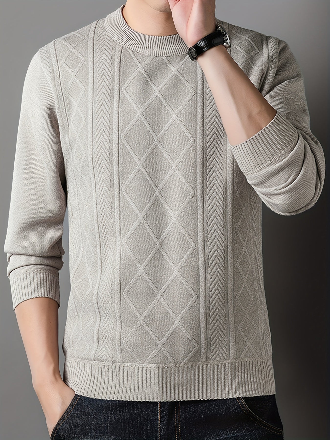 Men's Solid Knitted Pullover, Casual Long Sleeve Crew Neck Cable Knit Sweater For Fall Winter