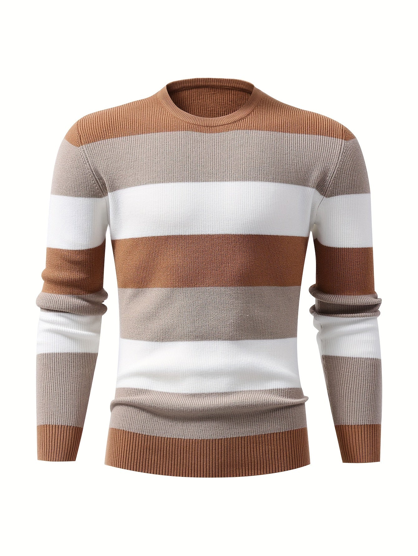 Mens Fashion Knitted Pullover - Stylish Color Blocked, Breathable Long Sleeve High Stretch Crew Neck Top for Urban Explorations, Leisurely Street Walks, Outdoor Activities, and Everyday Casual Wear