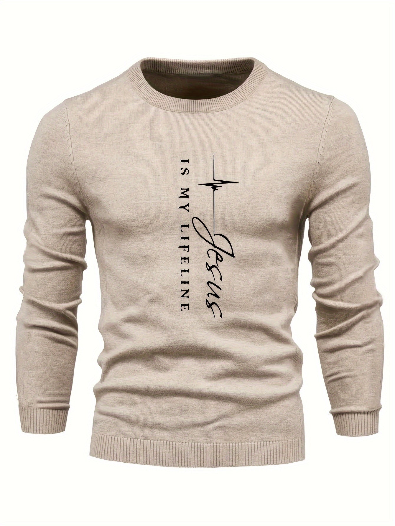 Christian Themed Letter Print Men's Casual Stretch Long Sleeve Knitted Round Neck Sweater, Spring Fall Pullover Top