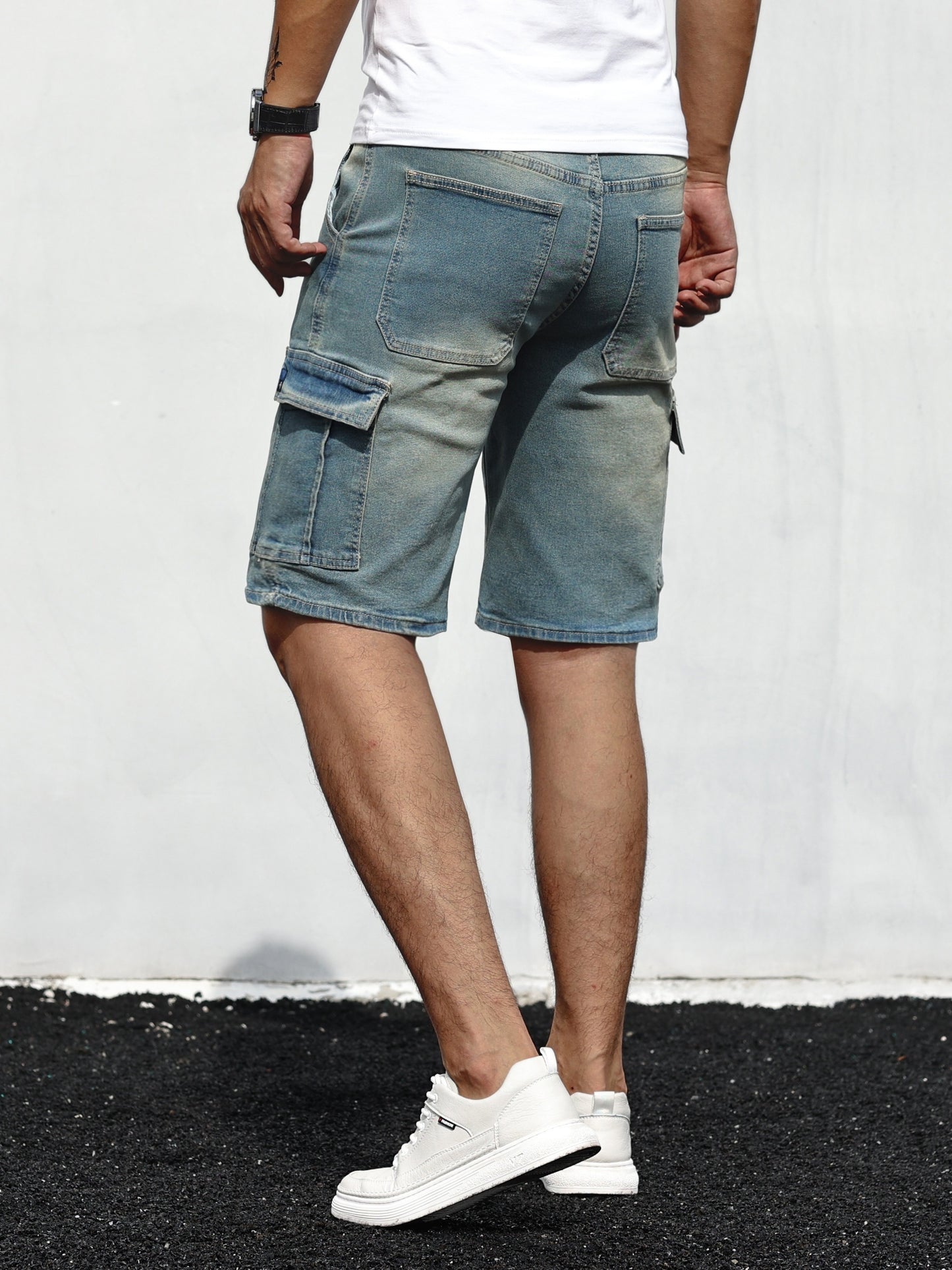 Men's Solid Cotton Blend Denim Jorts With Side Pockets Design, Chic Street Style Summer Bottoms For Men