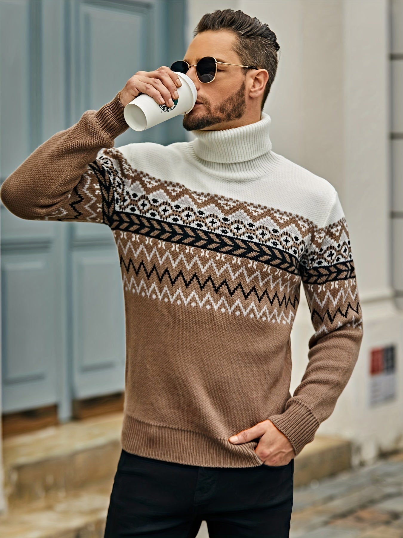 Retro Turtle Neck Knitted Slim Sweater, Men's Casual Warm Slightly Stretch Pullover Sweater For Fall Winter