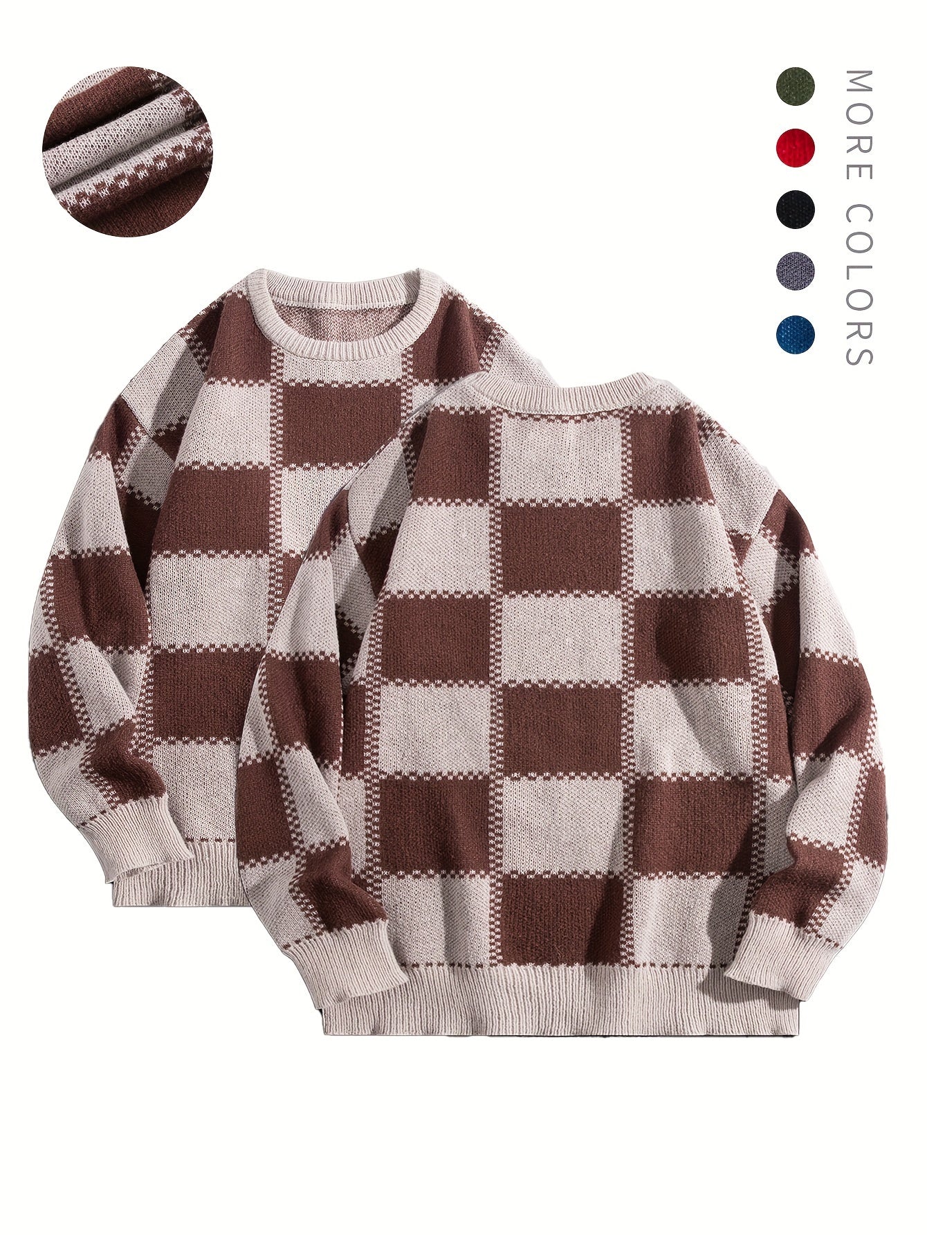 Men's Checkerboard Knitted Sweater - Warm And Stretchy Casual Pullover For Fall And Winter