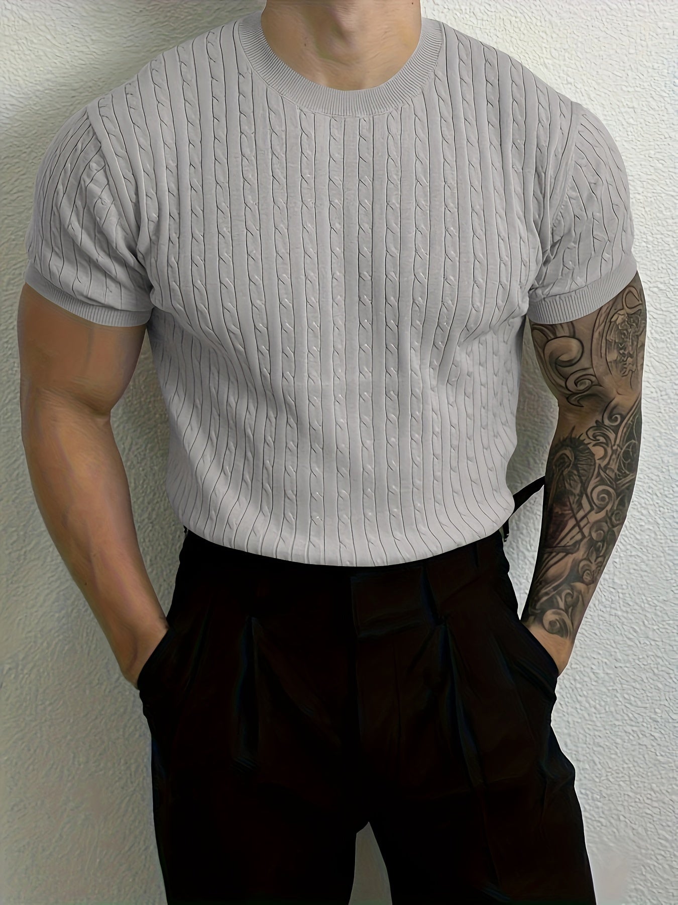 Men's Ribbed And Textured Knit Crew Neck And Short Sleeve T-shirt, Casual And Chic Summer Tops For Daily And Outdoors Leisurewear