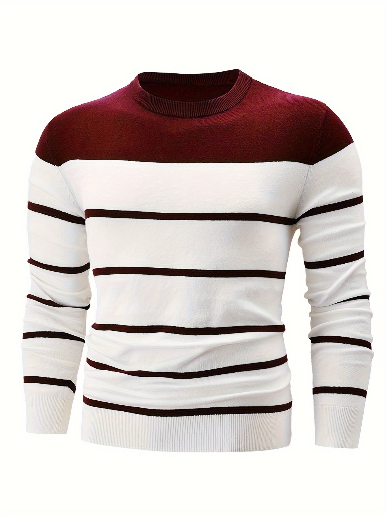 100% Cotton Men's Long Sleeve Casual Striped Crew Neck Sweater - Regular Fit Pullover with Medium Stretch