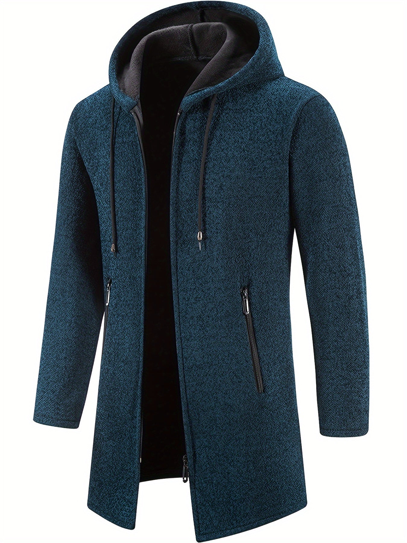 Warm Mid-length Hooded Coat, Men's Comfortable Solid Color Zip Up Knitted Cardigan For Spring Fall