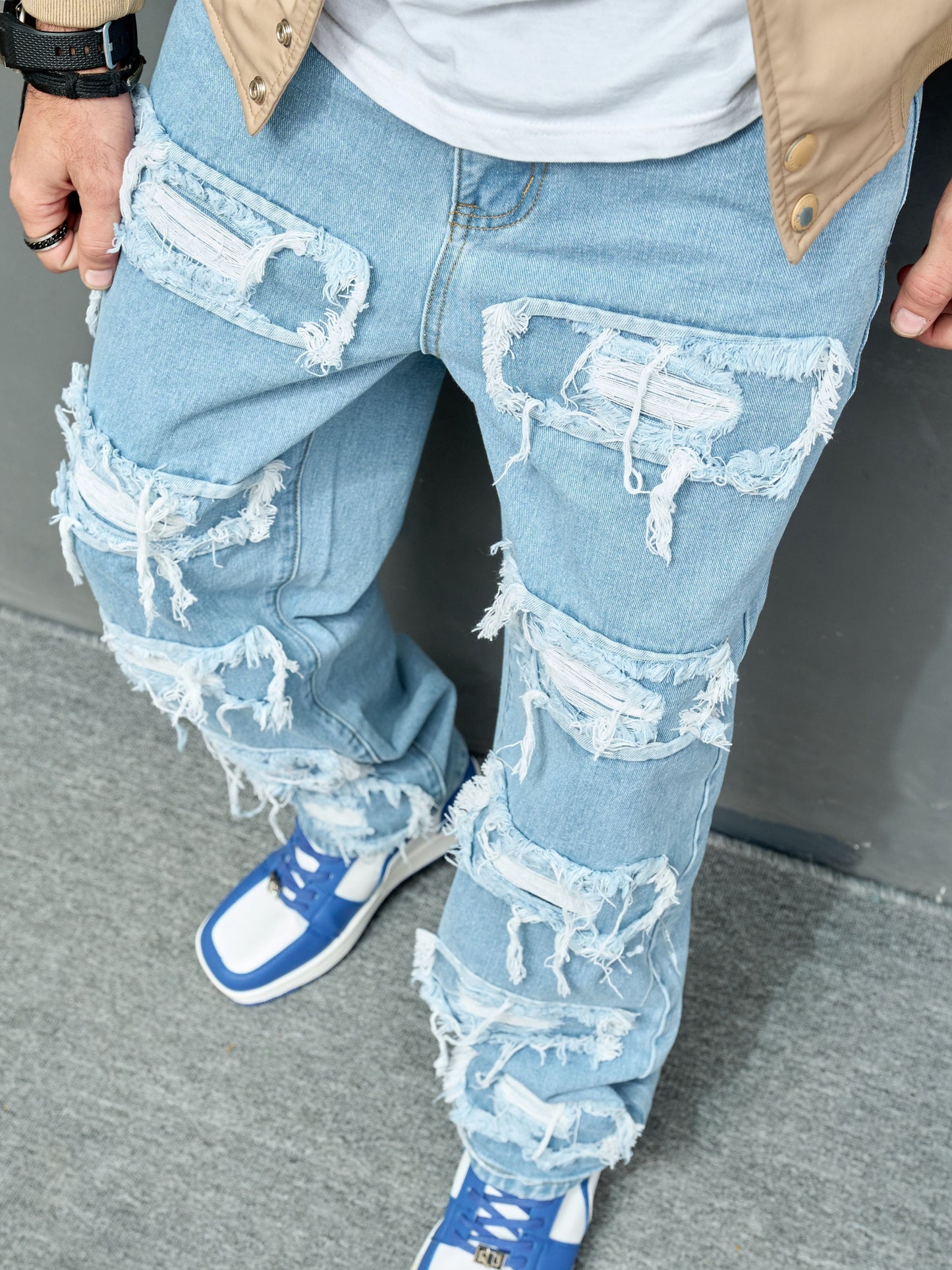 Cross Border New Men's Denim Wide Leg Pants With Smooth Whiskers And Pleats, Loose And Casual, Versatile, Solid Color Wide Leg Men's Long Pants Trend