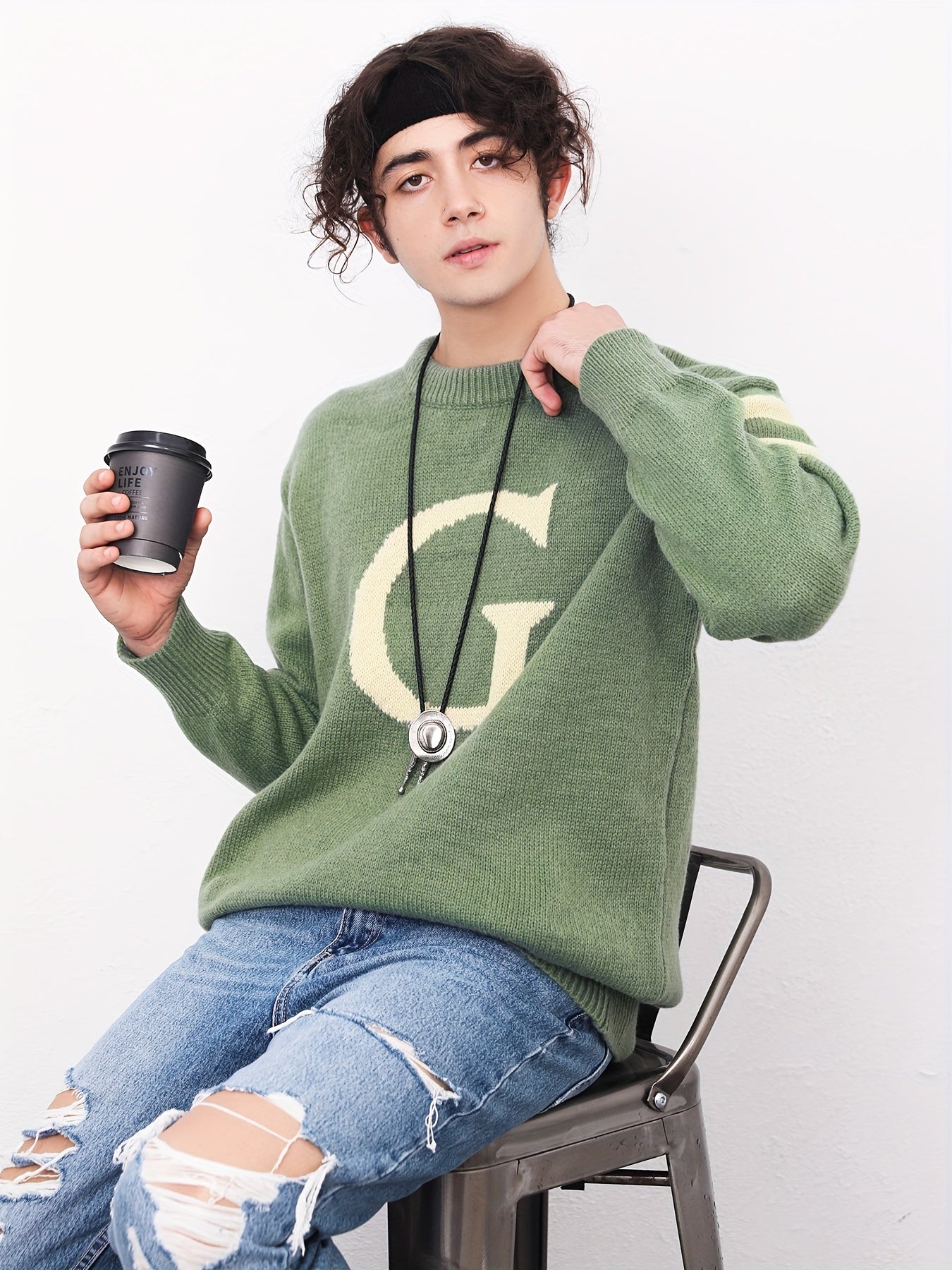 Men's ''G'' Pattern Sweater, Warm Trendy Knit Pullover