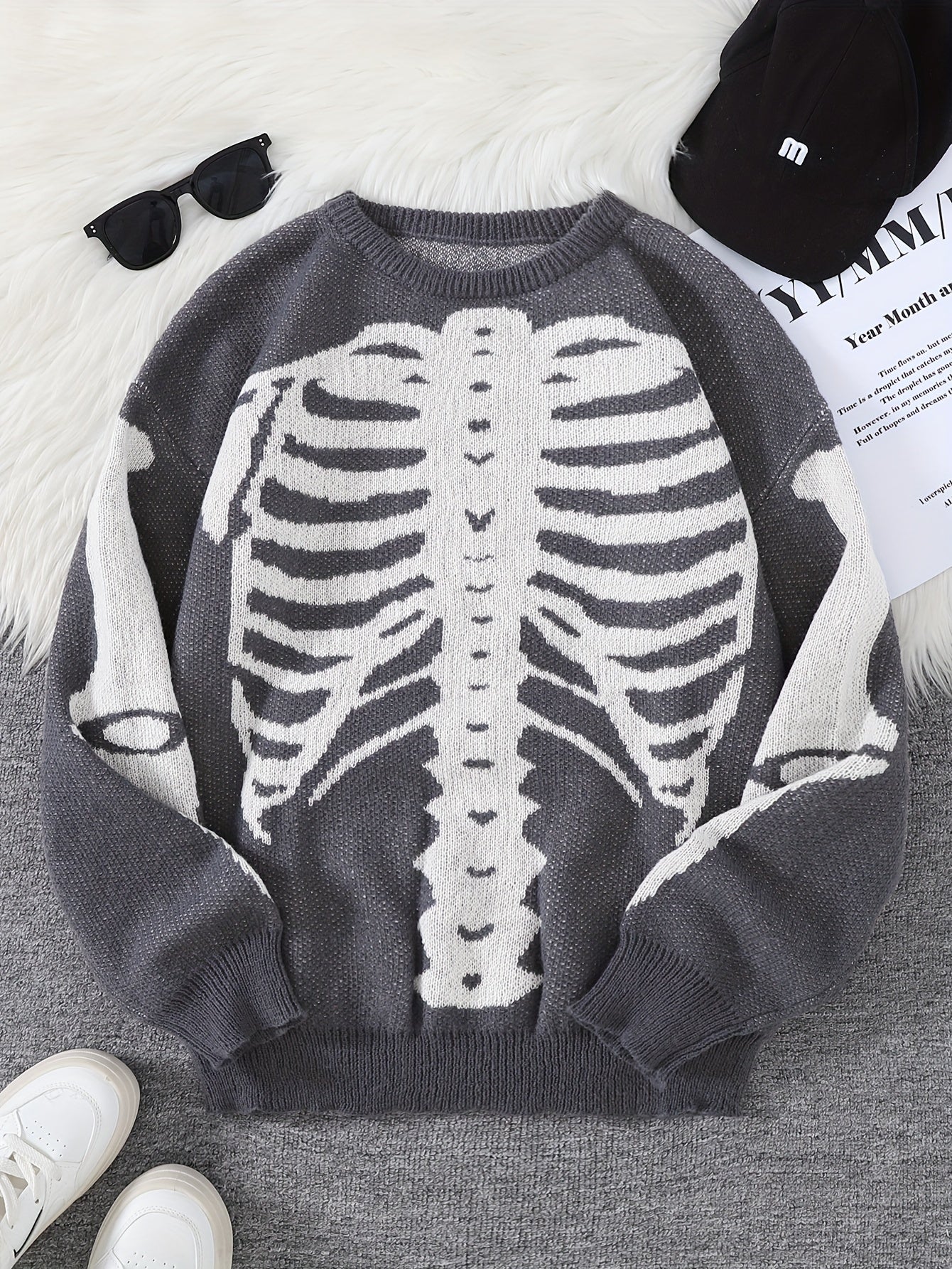 Stylish Skeleton Knit Sweater - Soft, Breathable, Round Neck, Long Sleeve Pullover with Unique Jacquard Design for Men - Perfect for Fall and Winter Seasons