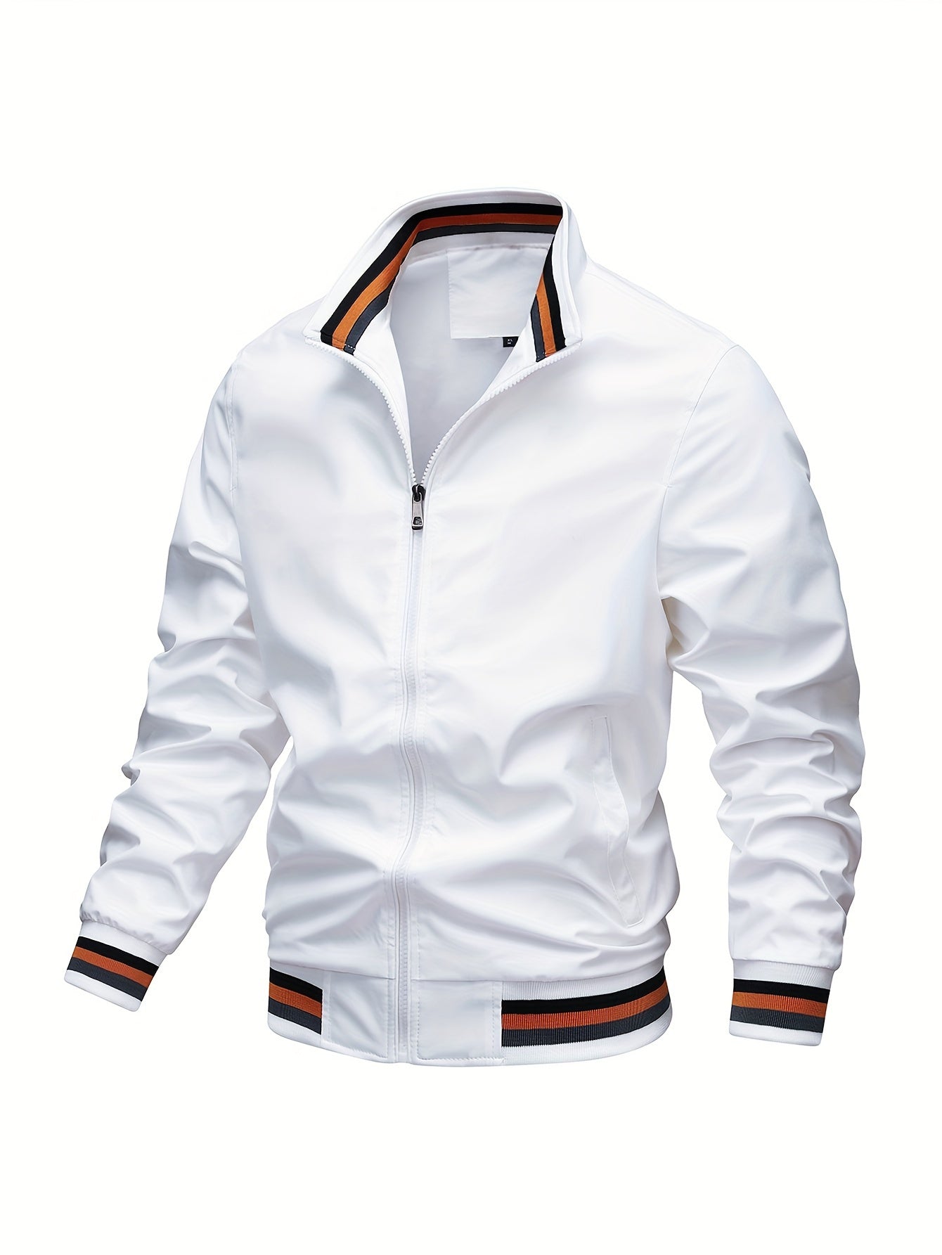 Stripe Edge Bomber Jacket, Men's Casual Stand Collar Zip Up Jacket For Spring Summer Outdoor