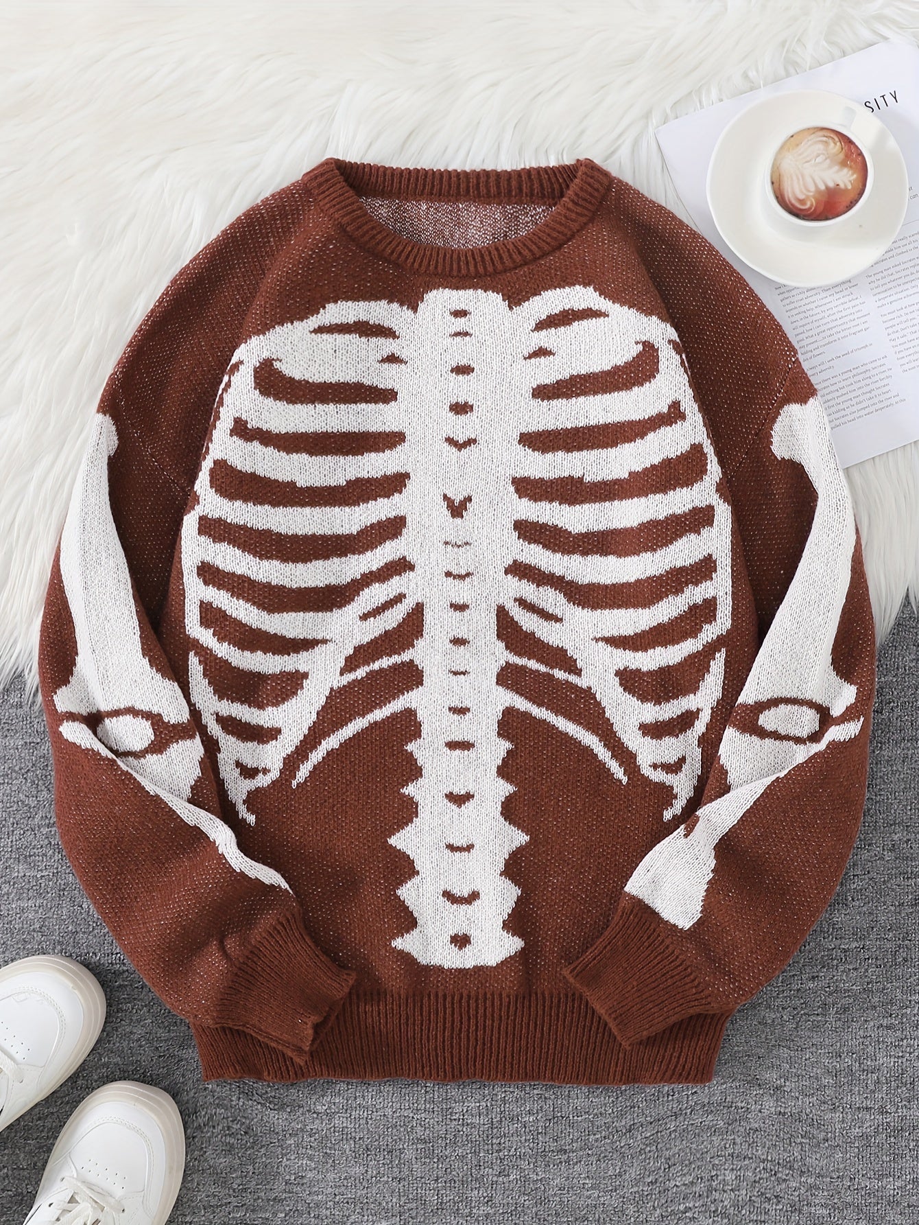 Stylish Skeleton Knit Sweater - Soft, Breathable, Round Neck, Long Sleeve Pullover with Unique Jacquard Design for Men - Perfect for Fall and Winter Seasons