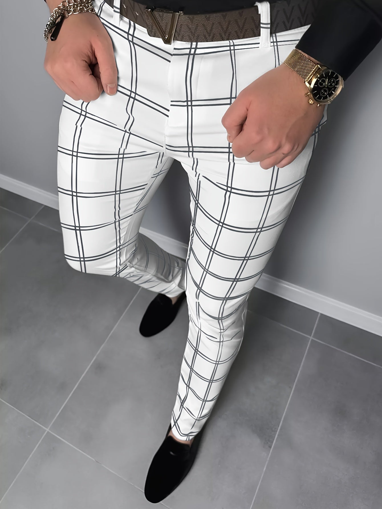 Mens Plaid Slim-Fit Dress Pants - Comfort Stretch, Vintage-Inspired Casual to Business Attire