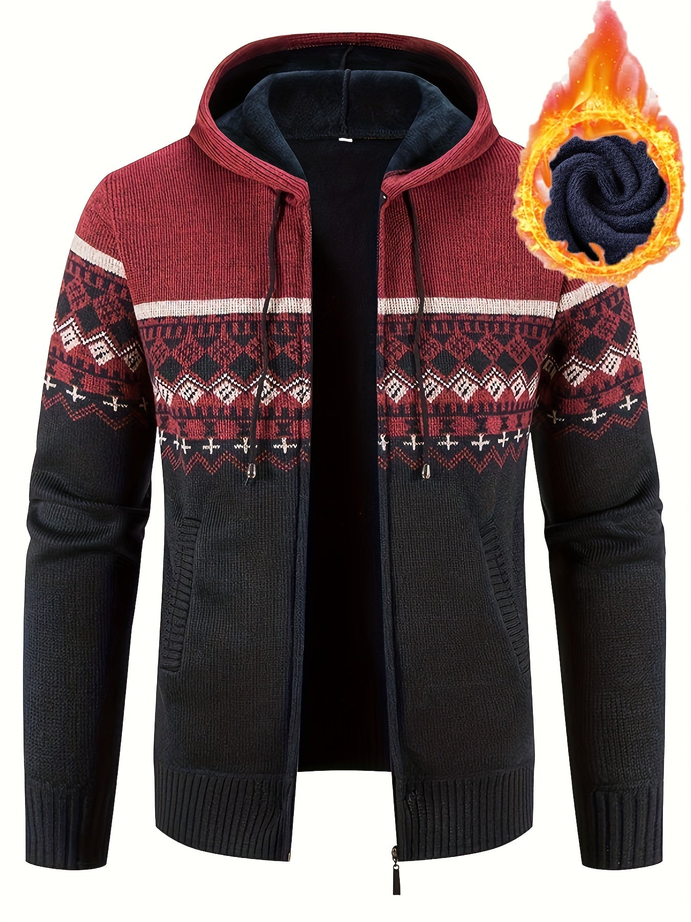 All Match Knitted Color Block Design Hooded Cardigan, Men's Casual Warm Slightly Stretch Zip Up Jacket For Fall Winter