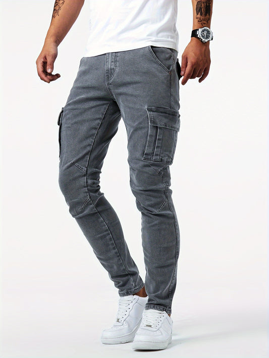 High Stretch Slim Fit Cargo Jeans - Soft, Breathable, Comfortable Denim Pants with Multi Pockets for Teen Men - Perfect for Casual Street Style, All-Season Wear