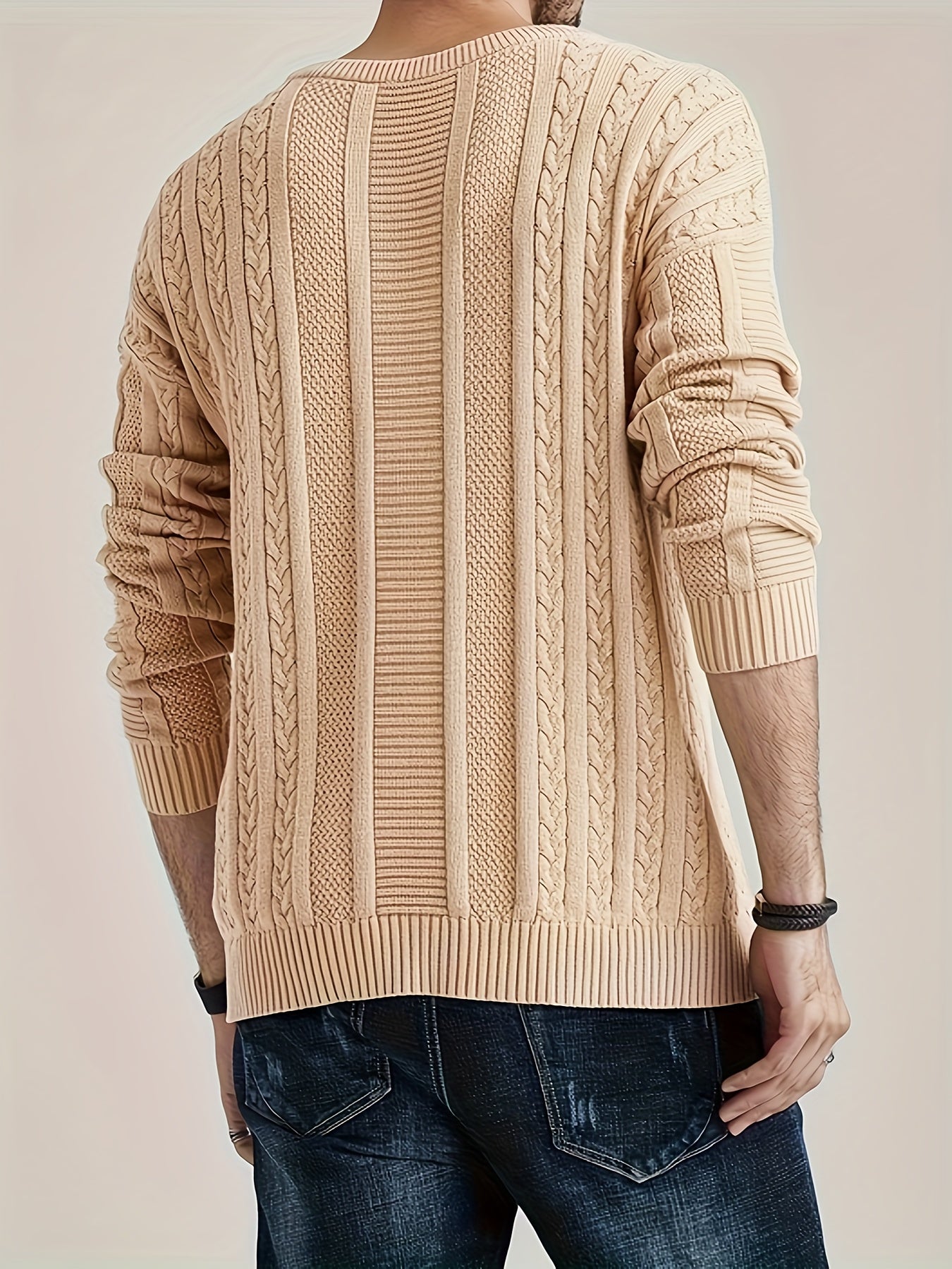 Men's Solid Knitted Pullover, Casual Long Sleeve Crew Neck Sweater For Fall Spring