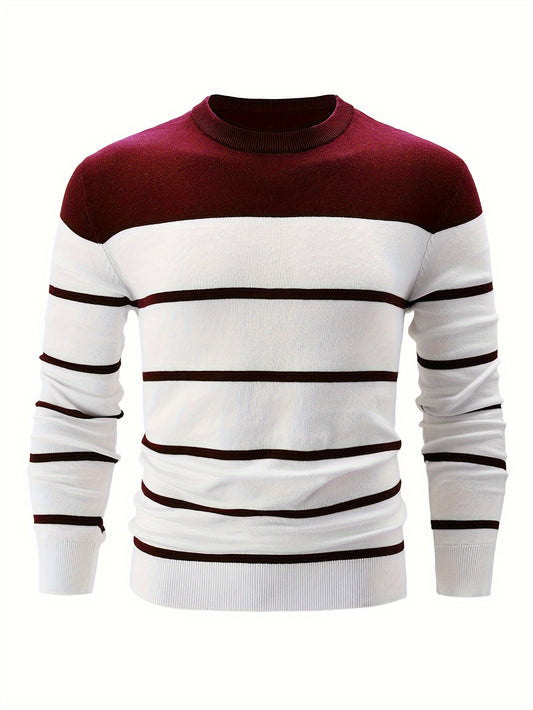 100% Cotton Men's Long Sleeve Casual Striped Crew Neck Sweater - Regular Fit Pullover with Medium Stretch