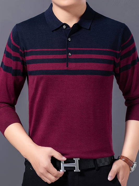 Men's Stylish Striped Sweater, Casual Mid Stretch Breathable Long Sleeve Shirt Top For City Walk Street Hanging