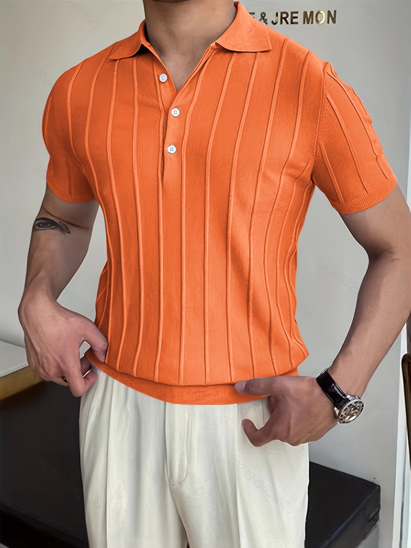 Vertical Striped Chic Shirt, Men's Casual Solid Color High Stretch V-Neck Pullover Sweater For Summer