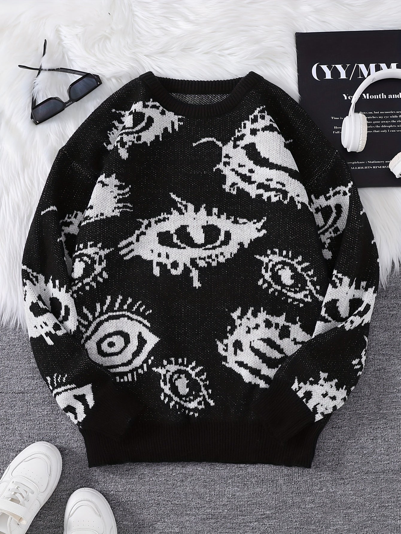 Men's Novelty Eyes Graphic Design Fall/Winter Sweater, Casual Round Neck Long Sleeve Knit Pullover Tops