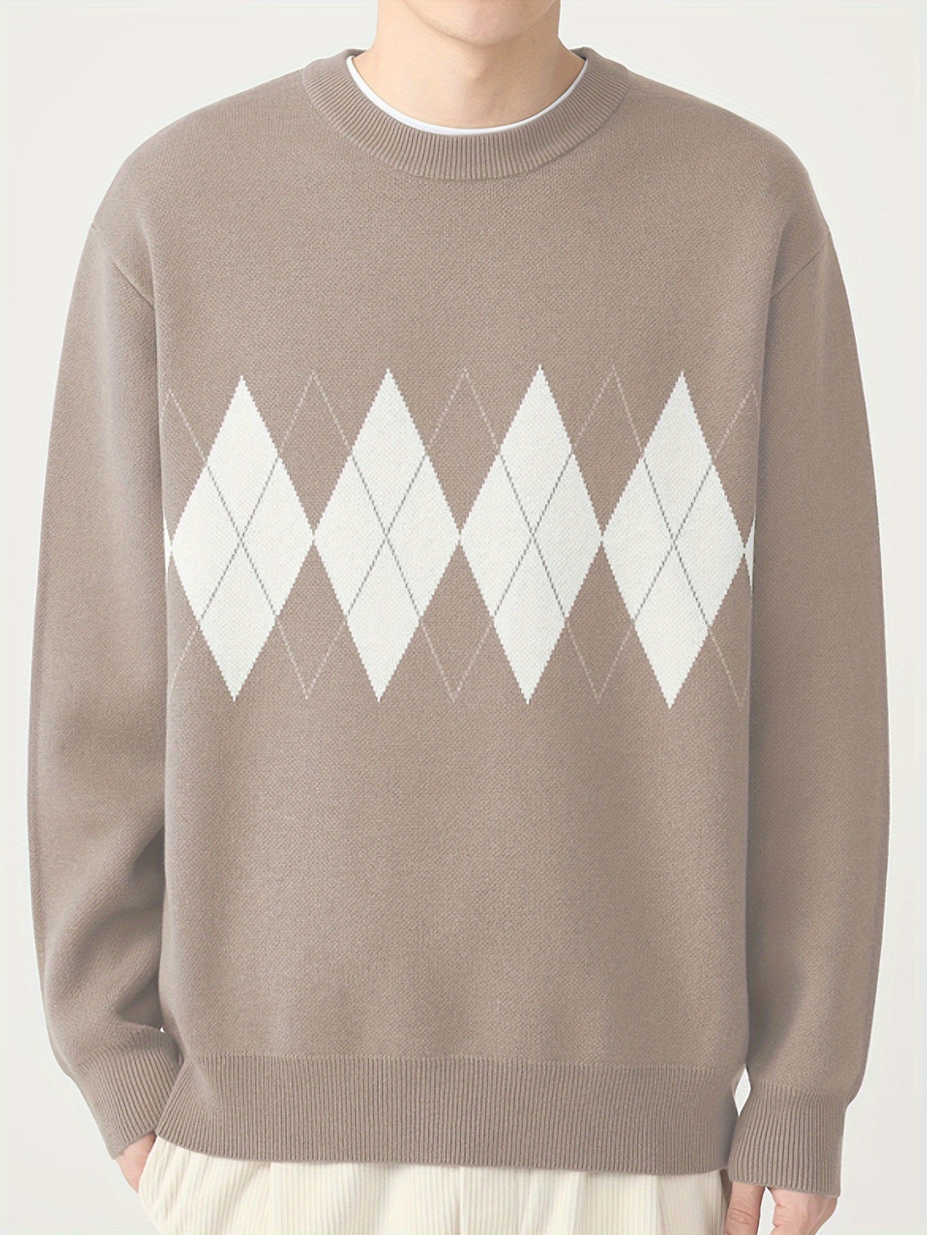 Men's Argyle Graphic Print Knitted Pullover, Casual Long Sleeve Crew Neck Sweater For Fall Winter