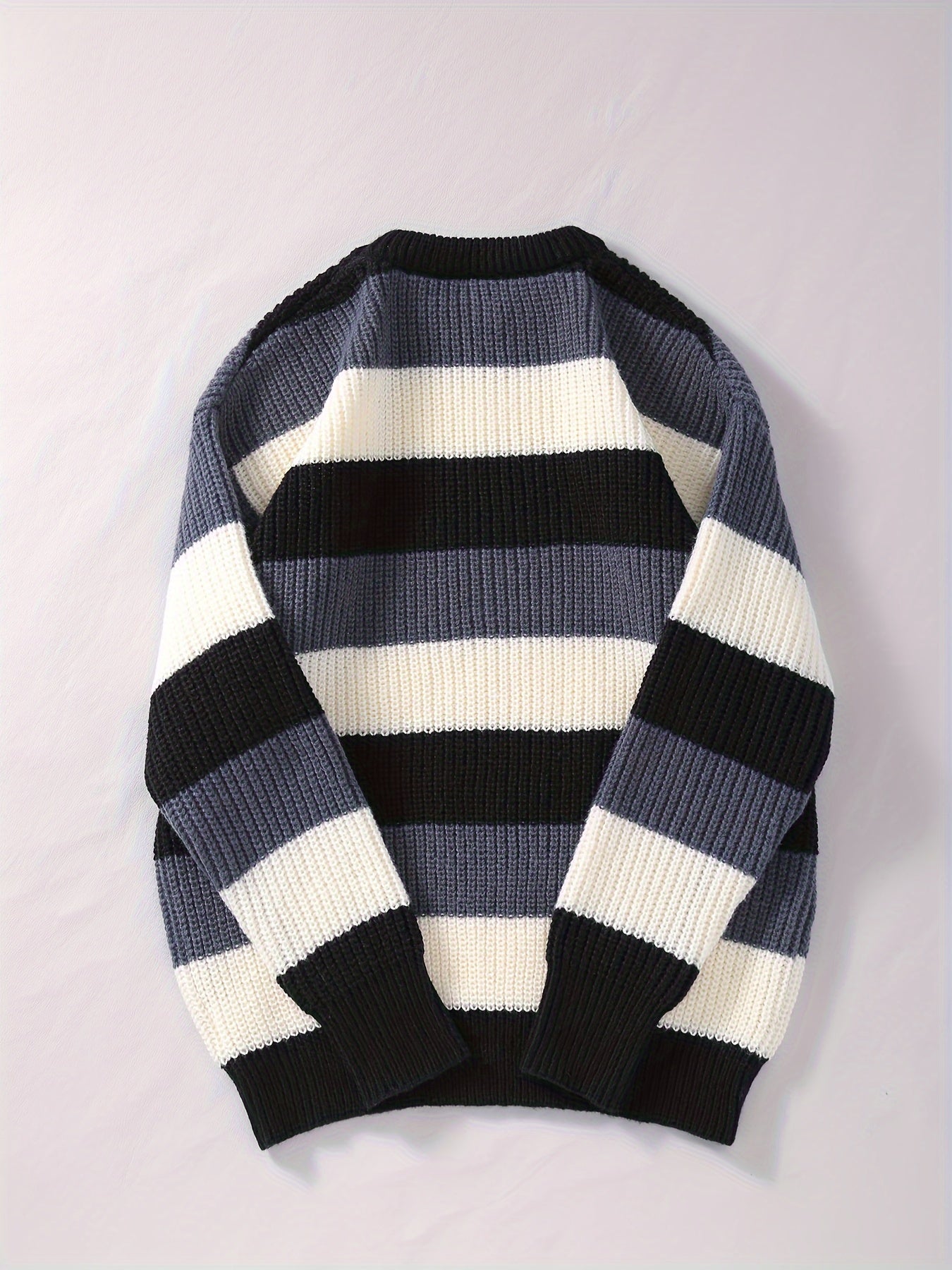 Chic Striped Knitted Sweater, Men's Casual Warm Stretch Round Neck Long Sleeve Pullover Sweater For Fall Winter