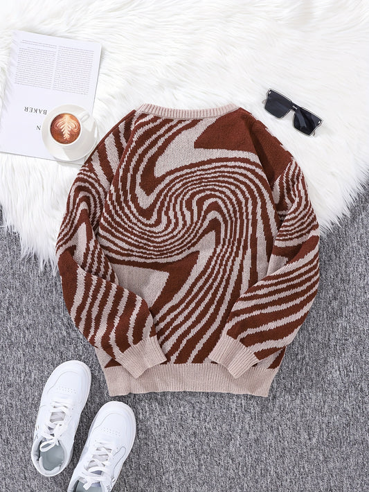 Stylish Whirl Pattern Knit Sweater - Men's Autumn and Winter Color Blocking Pullover - Versatile, Trendy, and Cozy Gift Idea