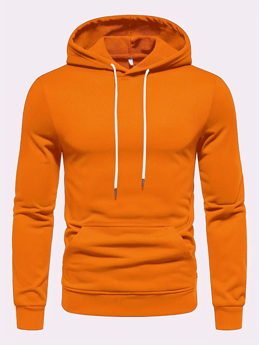 Mens Long Sleeve Solid Hooded Sweatshirt - Soft Slight Stretch Polyester Fabric, Kangaroo Pocket, Regular Fit, Hand Wash Only - Perfect for Outdoor Sports and Casual Fashion in Spring and Fall