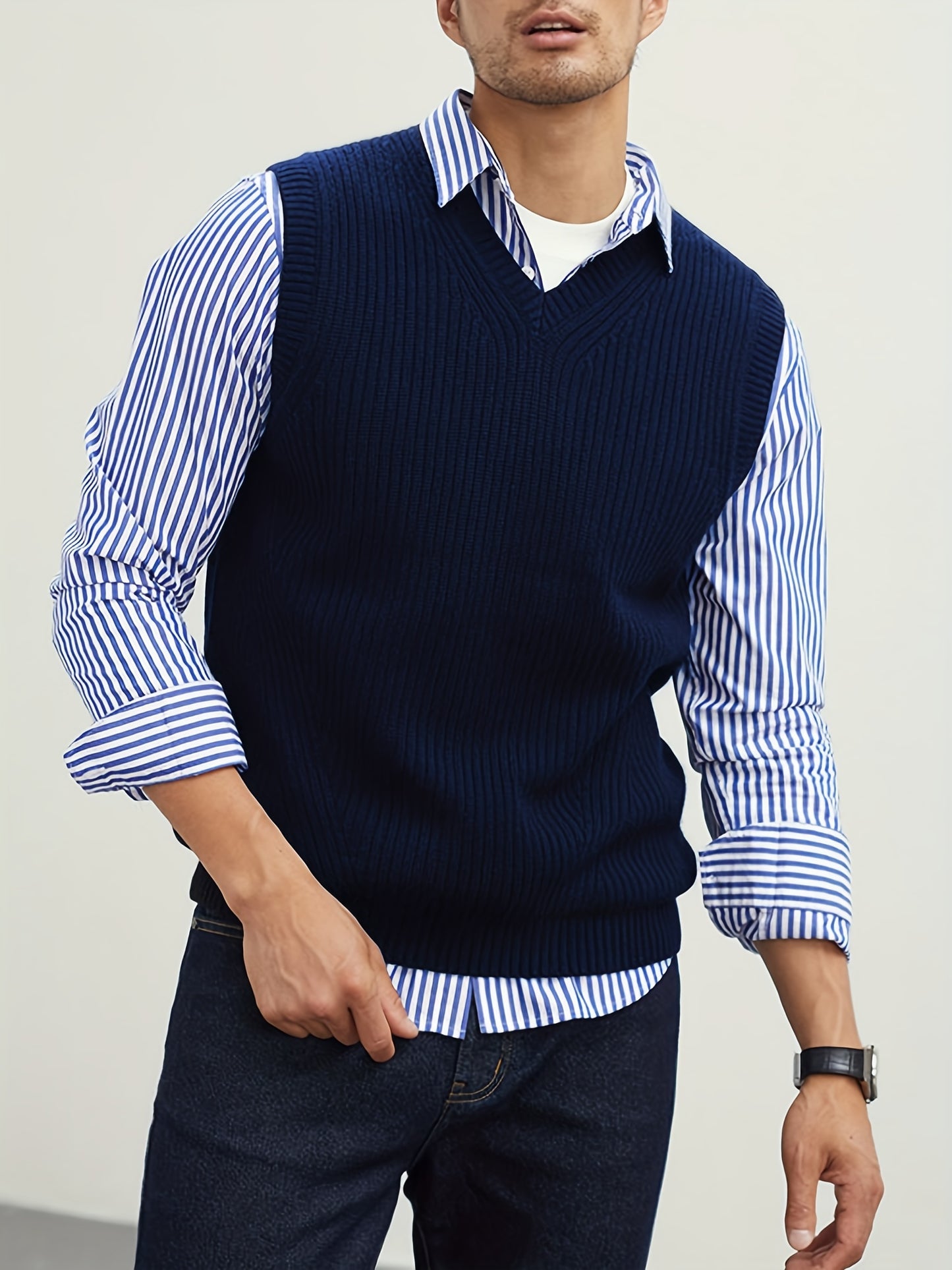 Men's V Neck Sweater Vest, Pullover Solid Color Sleeveless Sweaters Vest, Preppy Style