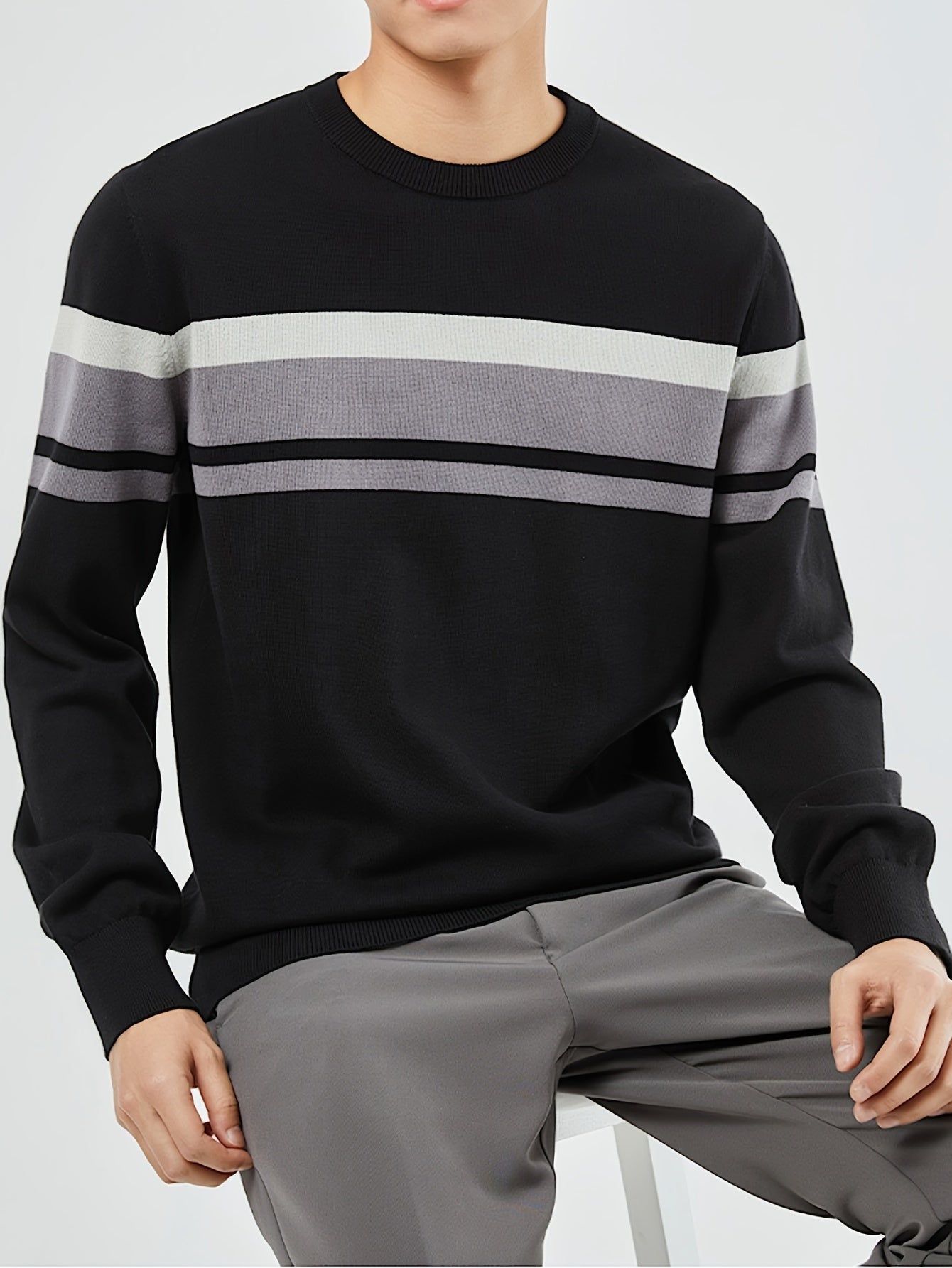 Cozy Striped Knit Pullover Sweater - Men's Casual Long Sleeve Slim-Fit Crew Neck Sweater for Fall and Winter - Soft, Warm, and Breathable Fashion Essential