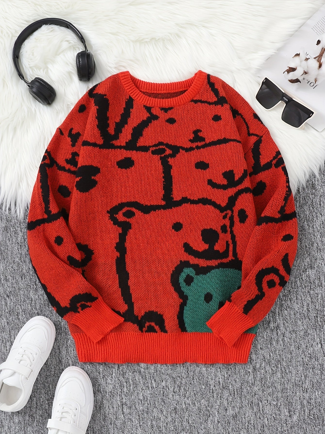 Cute Knit Animal Pattern Sweater - Soft, Warm, Slightly Stretchy Crew Neck Pullover for Men - Perfect for Fall and Winter Casual Wear, Cozy and Comfortable