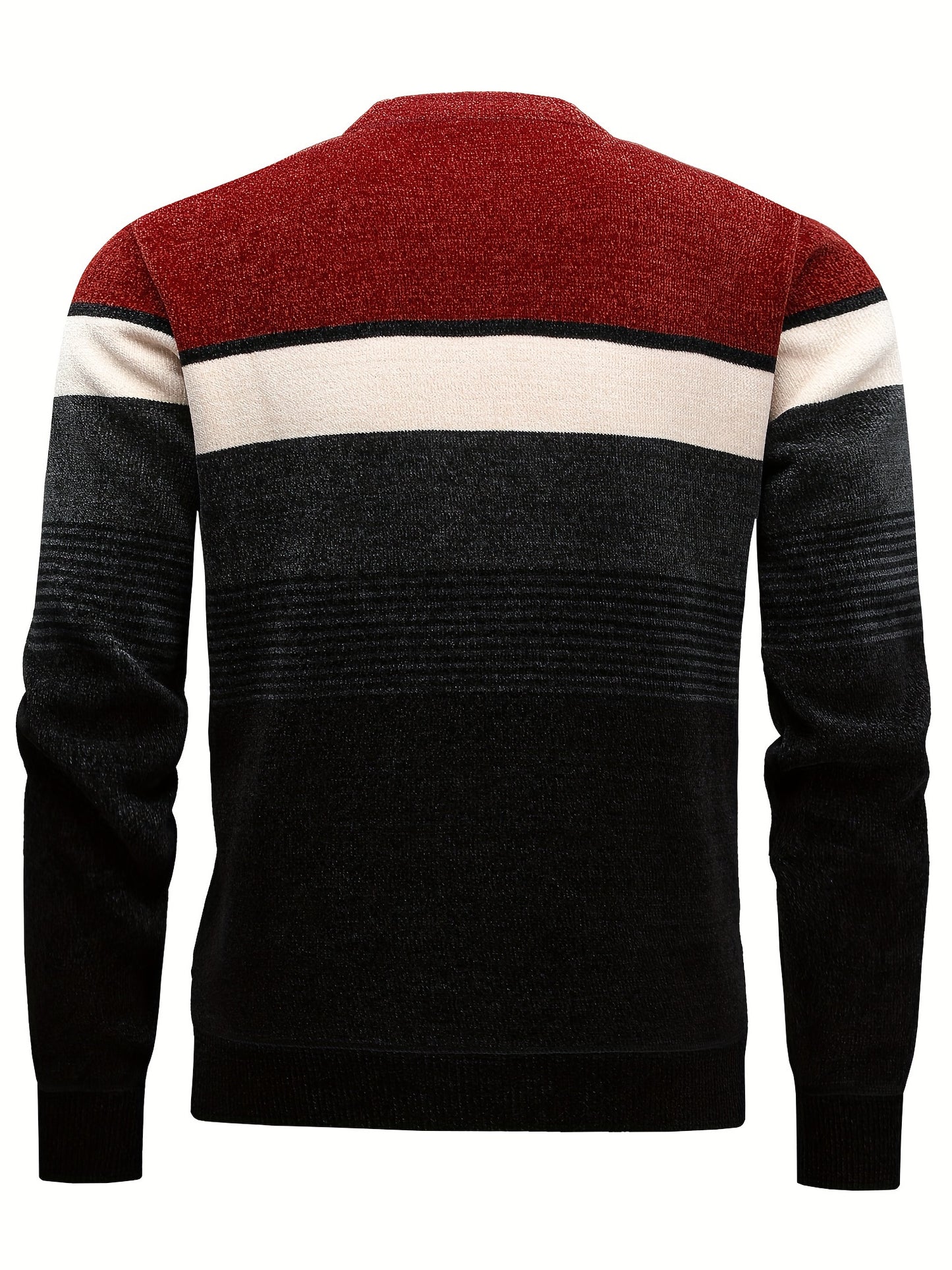 Men's Color Block R Embroidery Graphic Print Fleece Knitted Pullover, Casual Long Sleeve Crew Neck Warm Sweater For Fall Winter