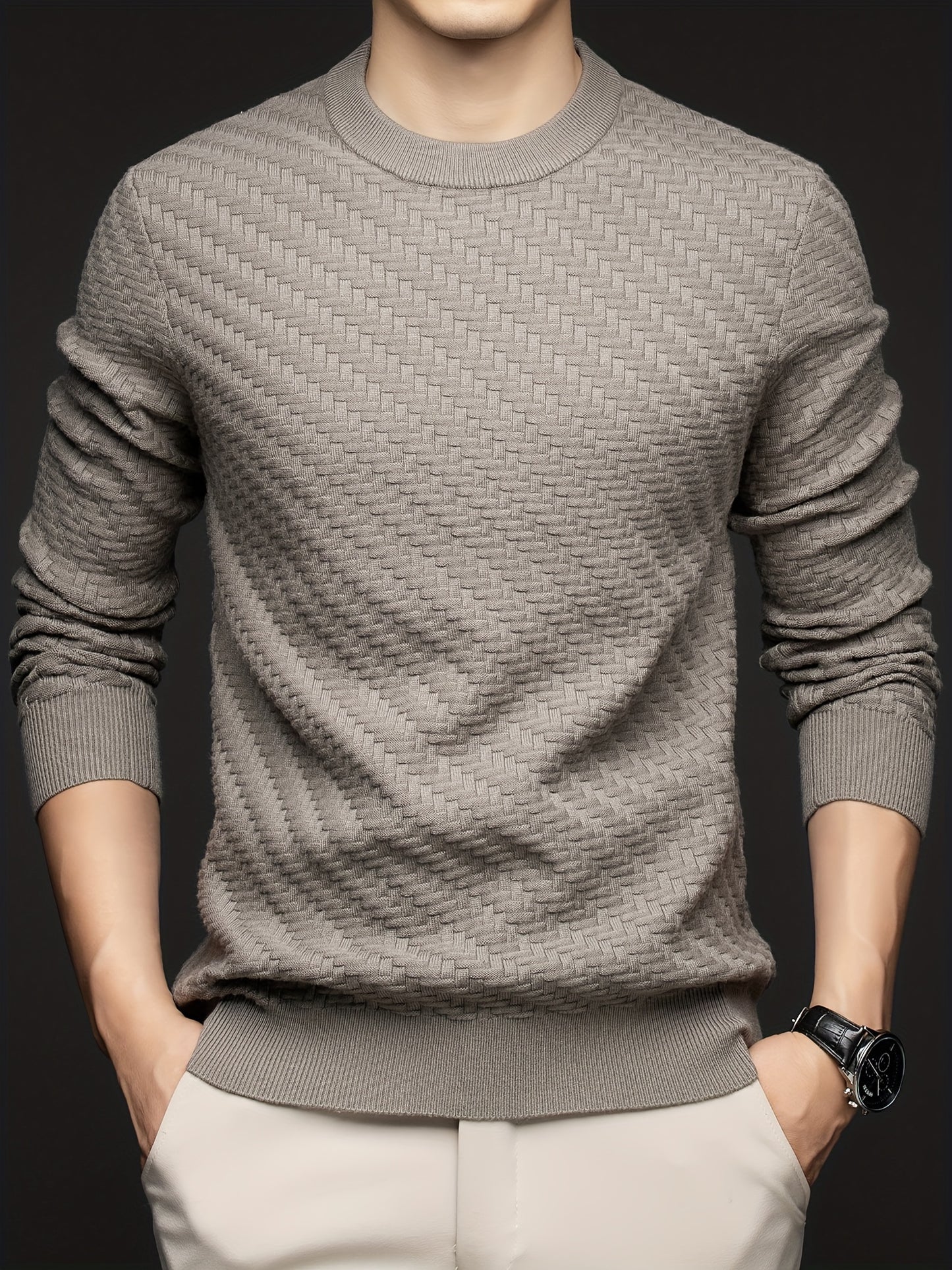 Cozy Solid Striped Knitted Crew Neck Pullover - Men's Long Sleeve Casual Sweater for Fall Winter - Soft, Warm, and Versatile