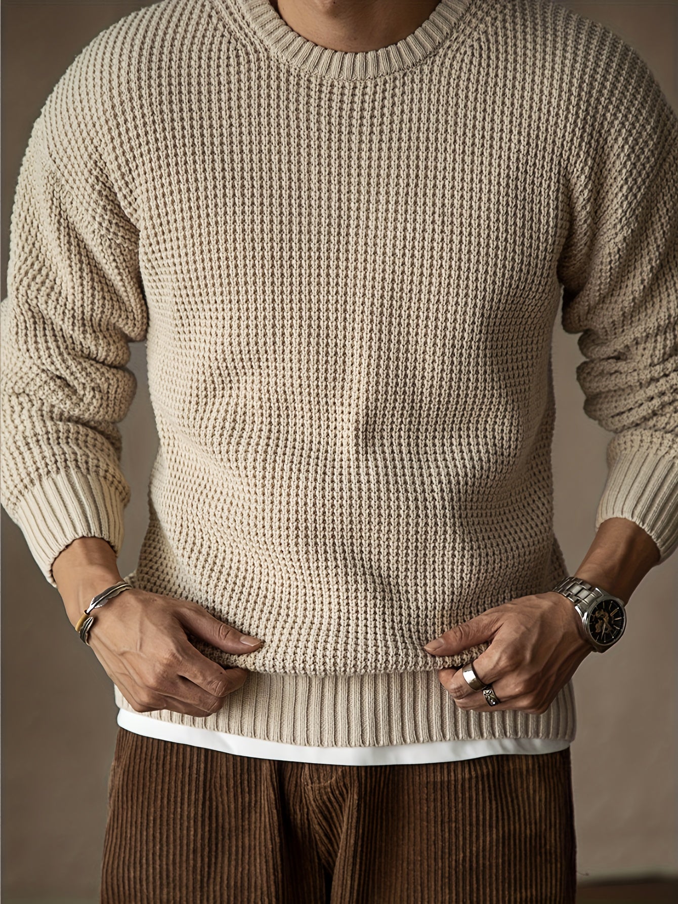 Men's Solid Knitted Pullover, Casual Long Sleeve Crew Neck Sweater For Fall Winter