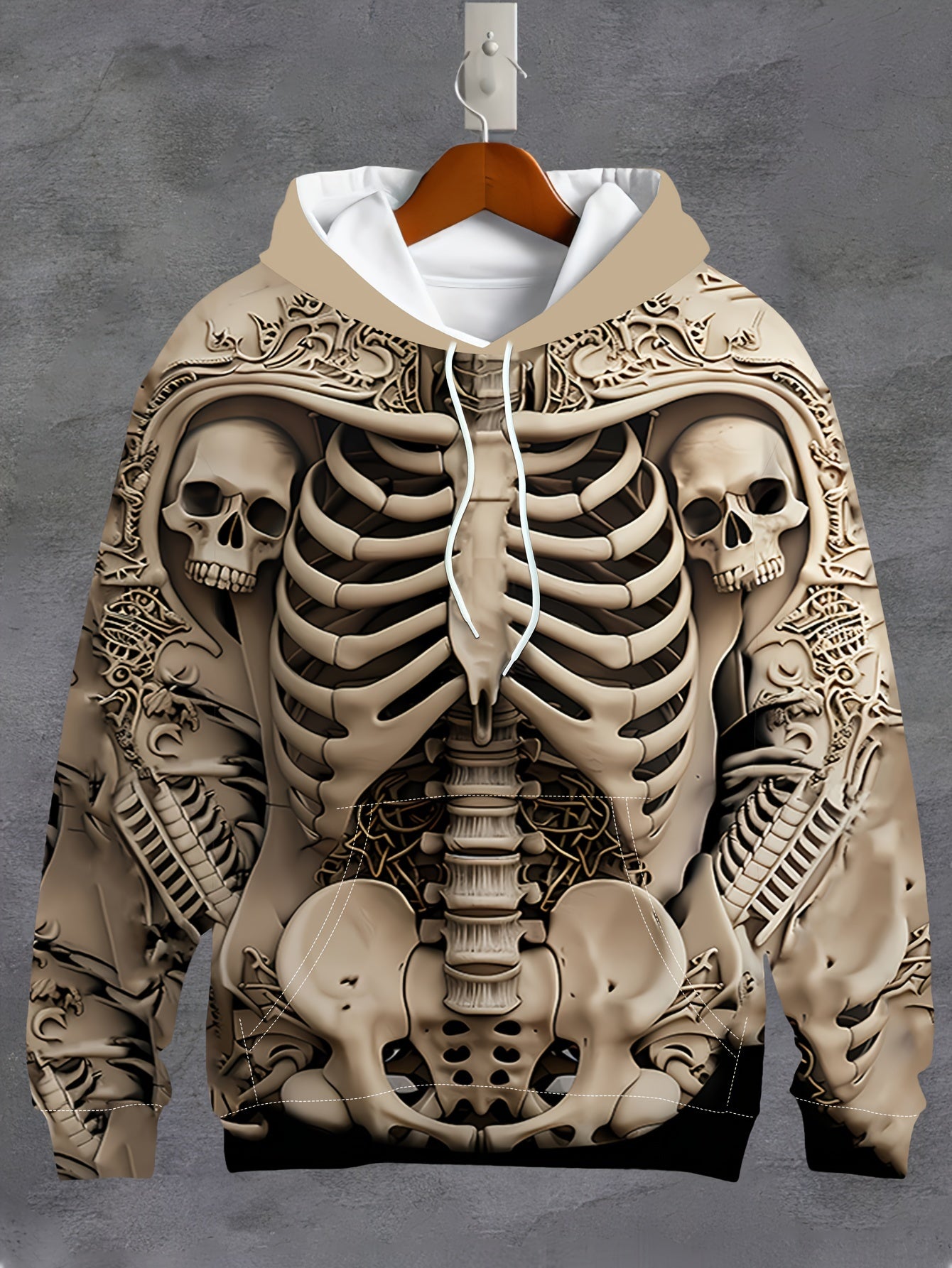 Men's 3D Skeleton Skull Print Long Sleeve Hoodie – Casual Hooded Sweatshirt with Drawstring Pocket, Knit Polyester Fabric, Stretch Fit, Fall/Winter Collection