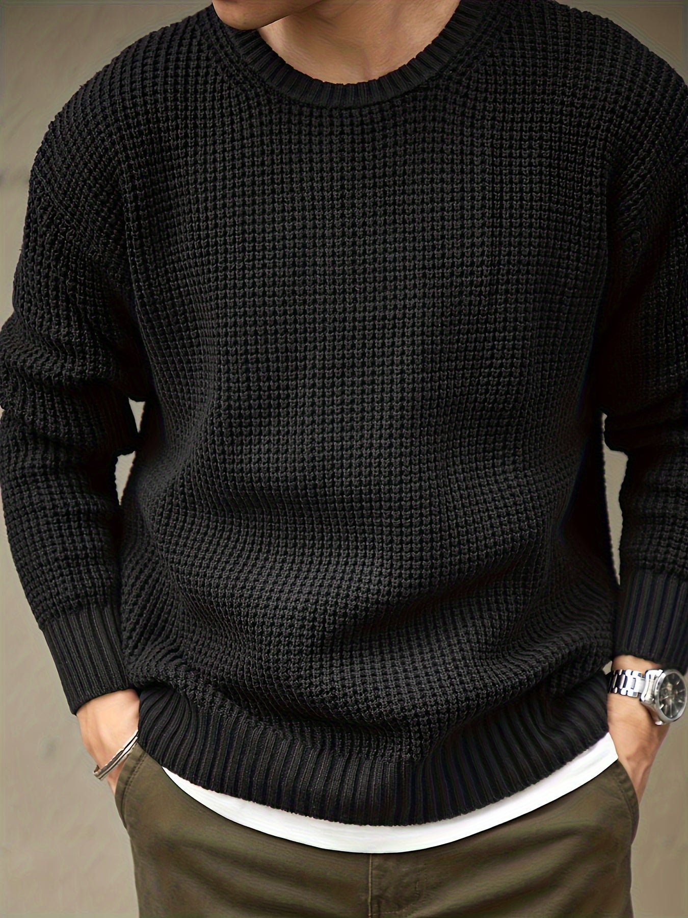 Men's Solid Knitted Pullover, Casual Long Sleeve Crew Neck Sweater For Fall Winter