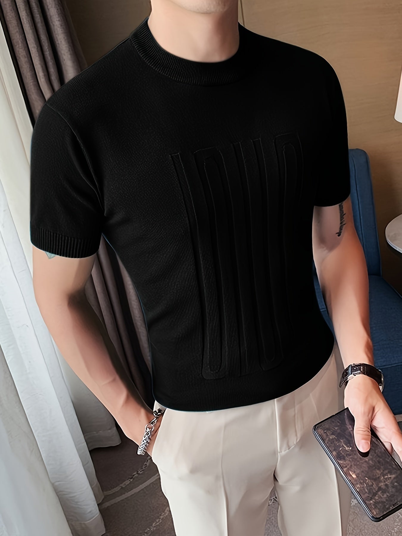 Chic Knit Short Sleeve Shirt, Men's Casual Mid Stretch Crew Neck Pullover Sweater For Spring Fall