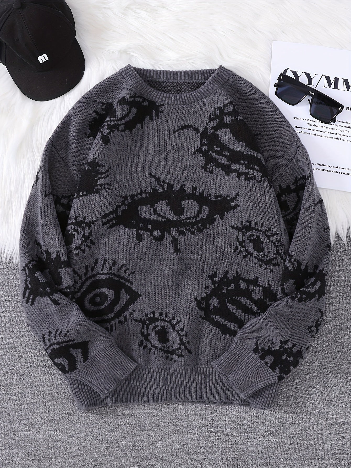 Men's Novelty Eyes Graphic Design Fall/Winter Sweater, Casual Round Neck Long Sleeve Knit Pullover Tops