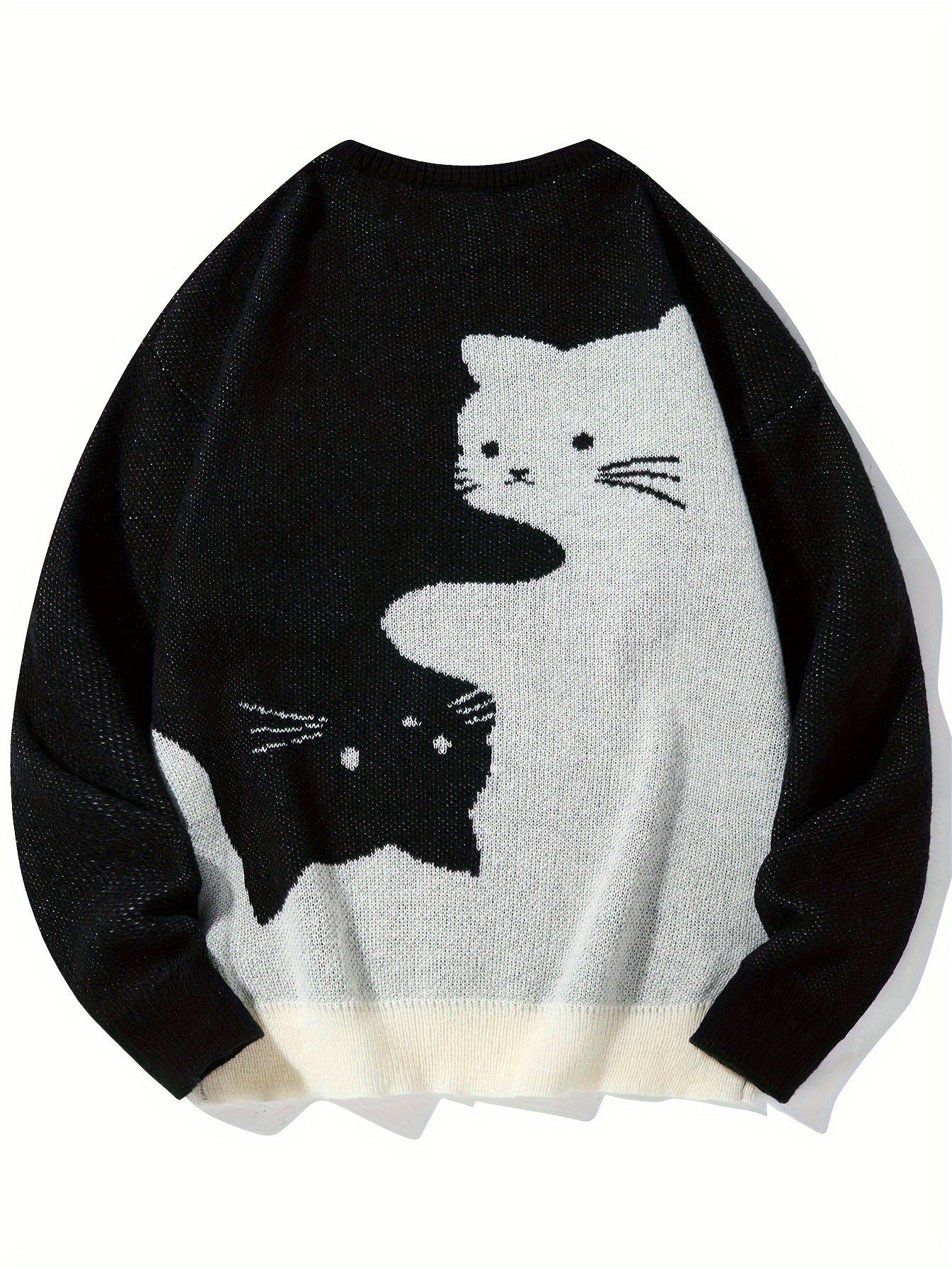 1pc Preppy Style Unisex Crew Neck Sweater, Asymmetrical Cat Pattern Knit Pullover, Polyester Long Sleeve Top with Slight Stretch, Casual College Fashion for Fall/Winter