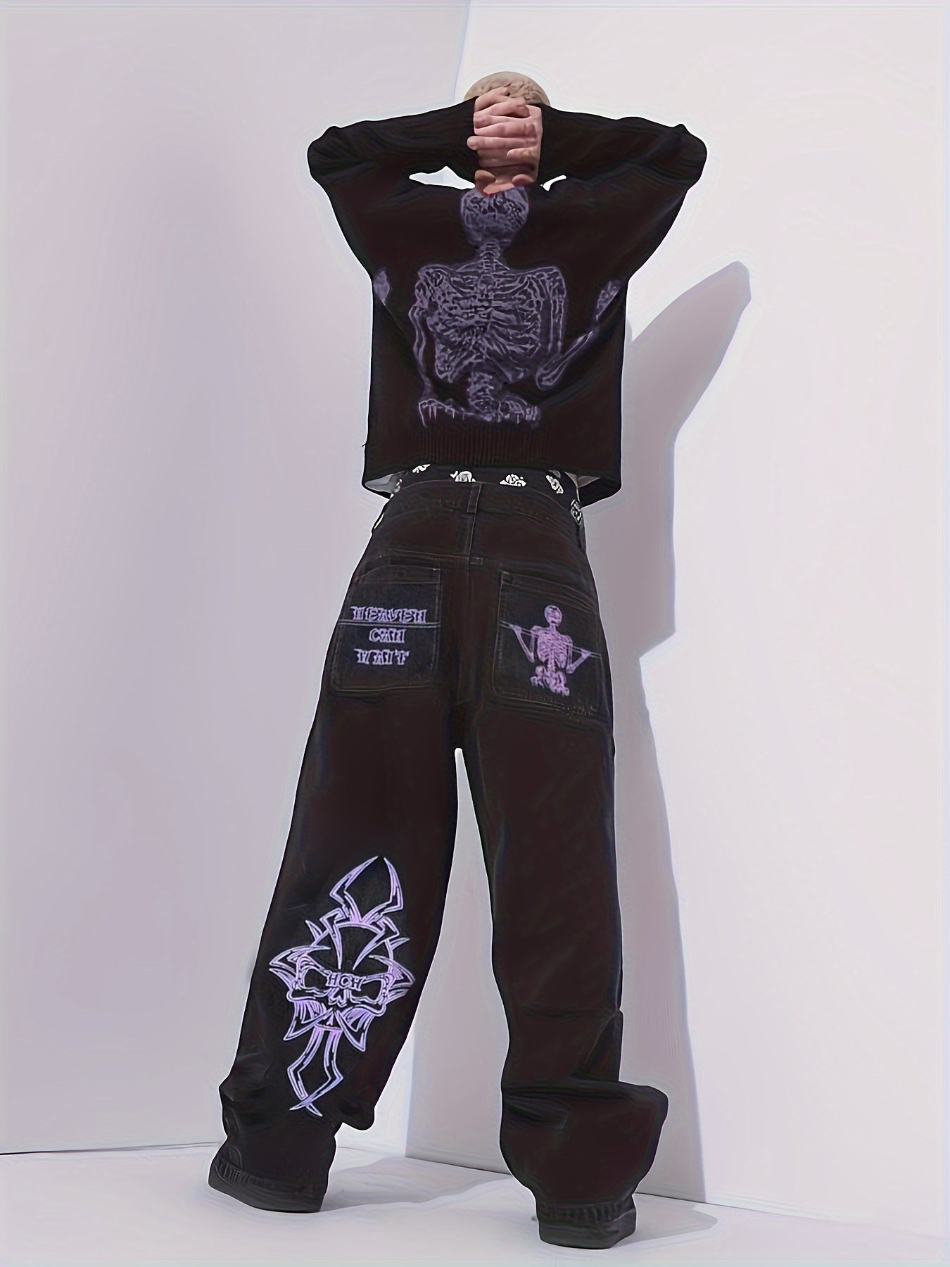 Mens Skeleton Embroidered Jeans - Cotton Blend, Ultra-Loose & Baggy, Pockets, Street Chic Style - A Fashionable Gift for Him