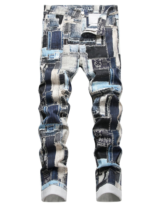 Men's Casual Slim Fit Jeans With Patchwork Design, Men's Versatile Street Style Denim Pants For All Seasons