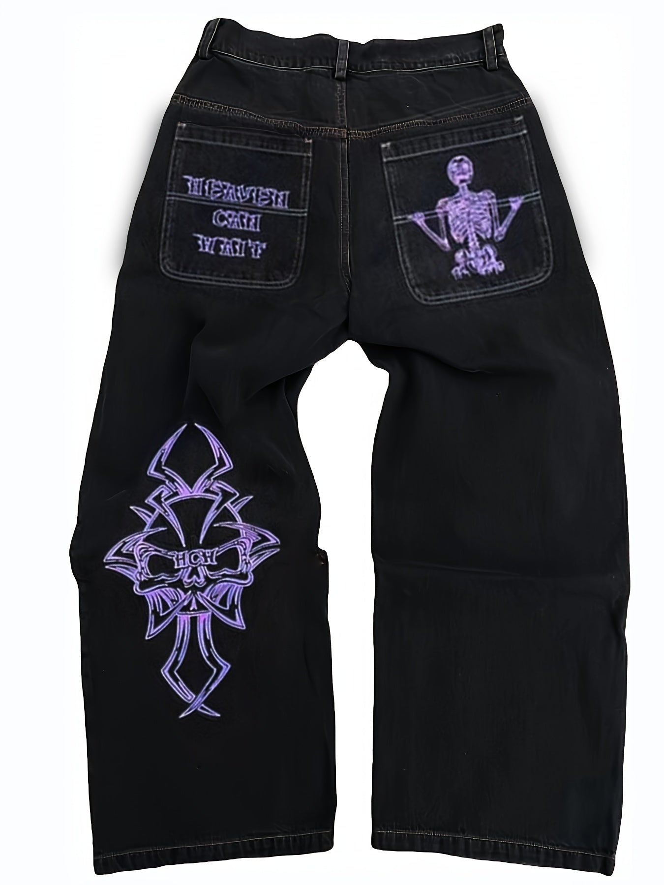 Mens Skeleton Embroidered Jeans - Cotton Blend, Ultra-Loose & Baggy, Pockets, Street Chic Style - A Fashionable Gift for Him