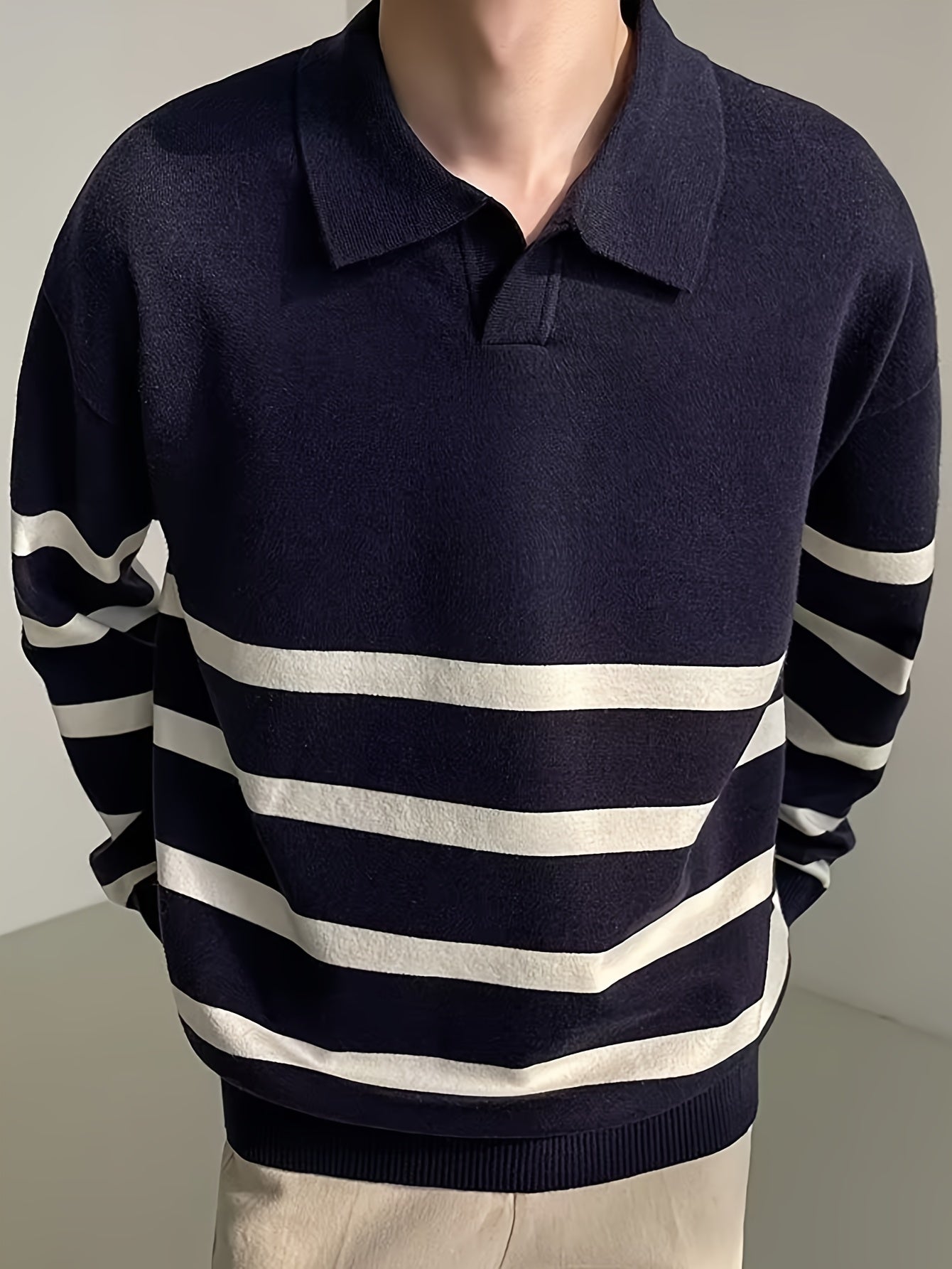 For Autumn And Winter, Long Sleeve Men's Color Blocking Striped Golf Shirt, Casual Stylish Top As Gift