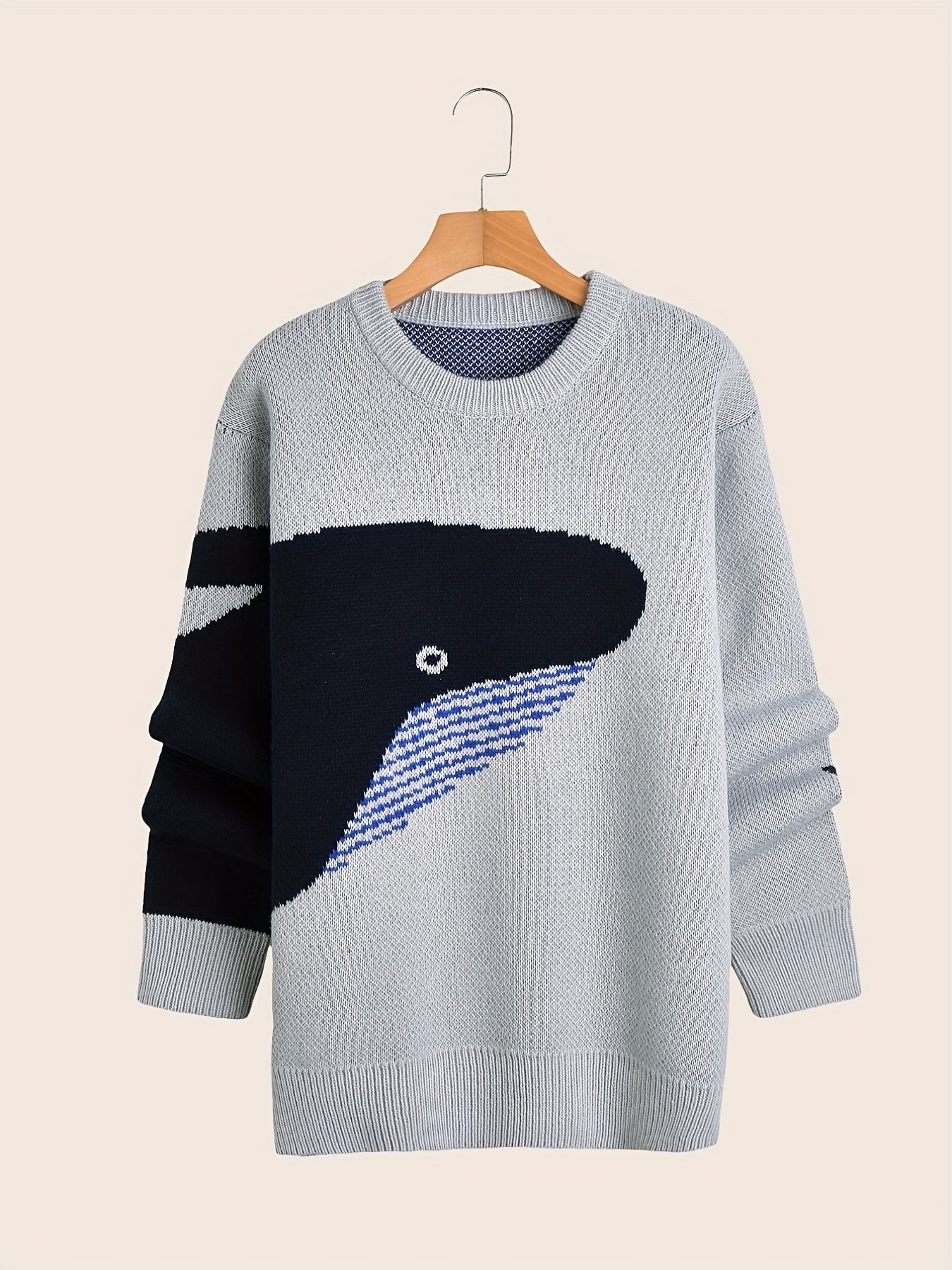 Cartoon Whale Print, Loose Fit Warm Sweater, Men's Casual Retro Style Slightly Stretch Crew Neck Pullover Sweater For Fall Winter