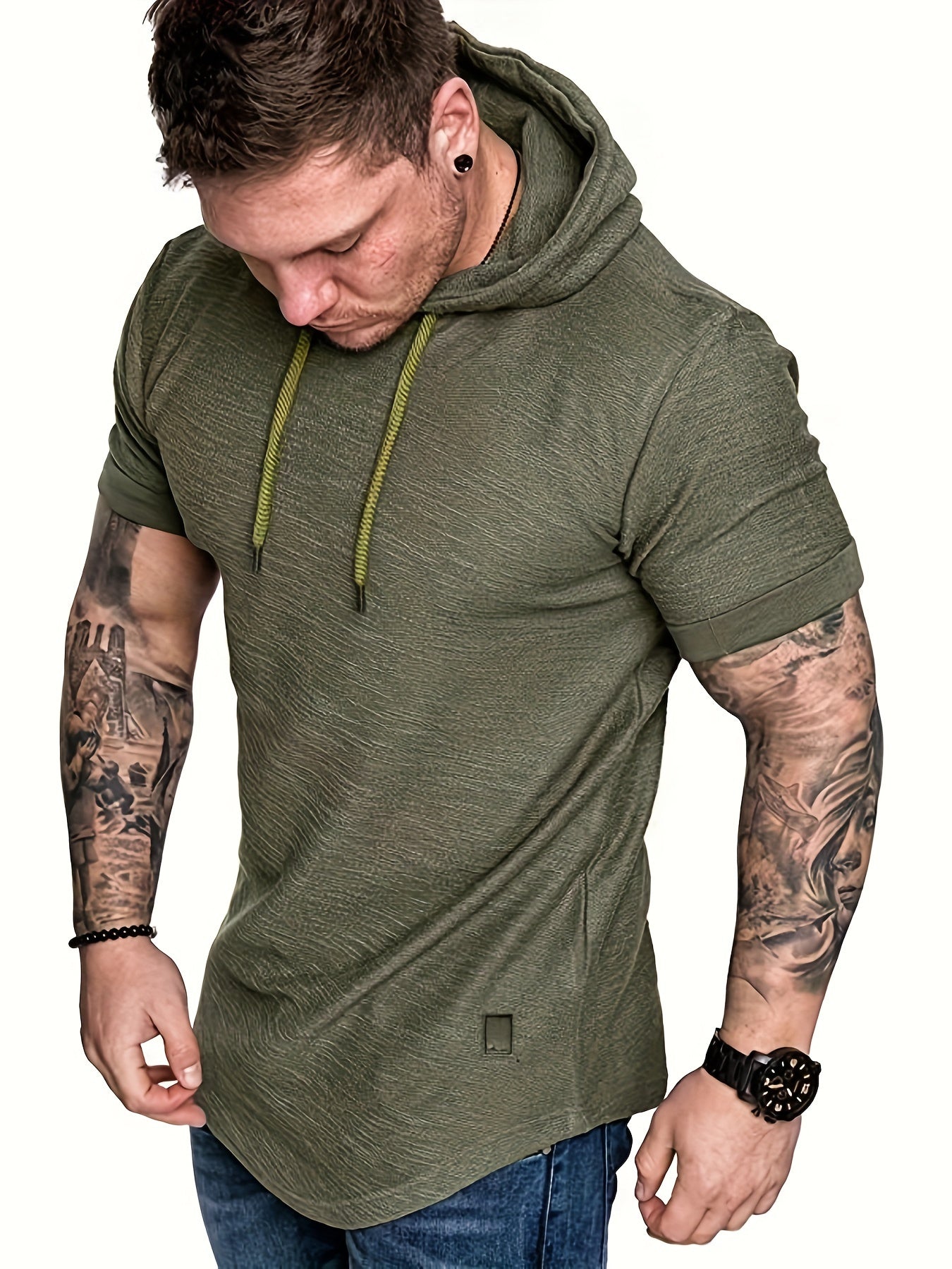 Comfort-Fit Men's Short Sleeve Hoodie - Breathable Knit, Solid Color, Durable & Easy-Care Sports T-shirt