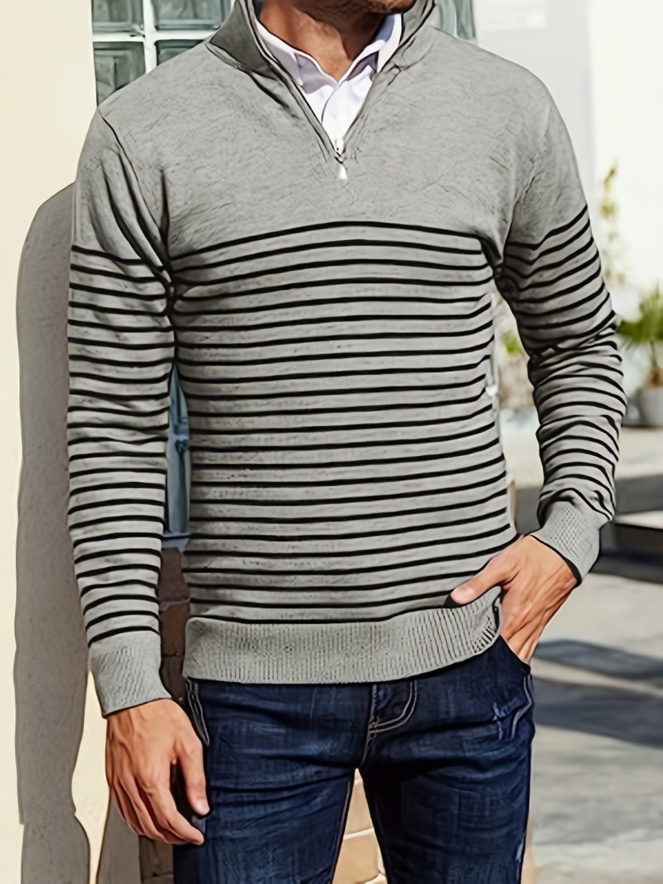 Cozy Striped Pullover Sweater - Soft Middle Stretch V Neck Design, Casual Fall Winter Shirt for Men, Knitted Fabric, Breathable, Comfortable, Perfect for Outdoor Activities